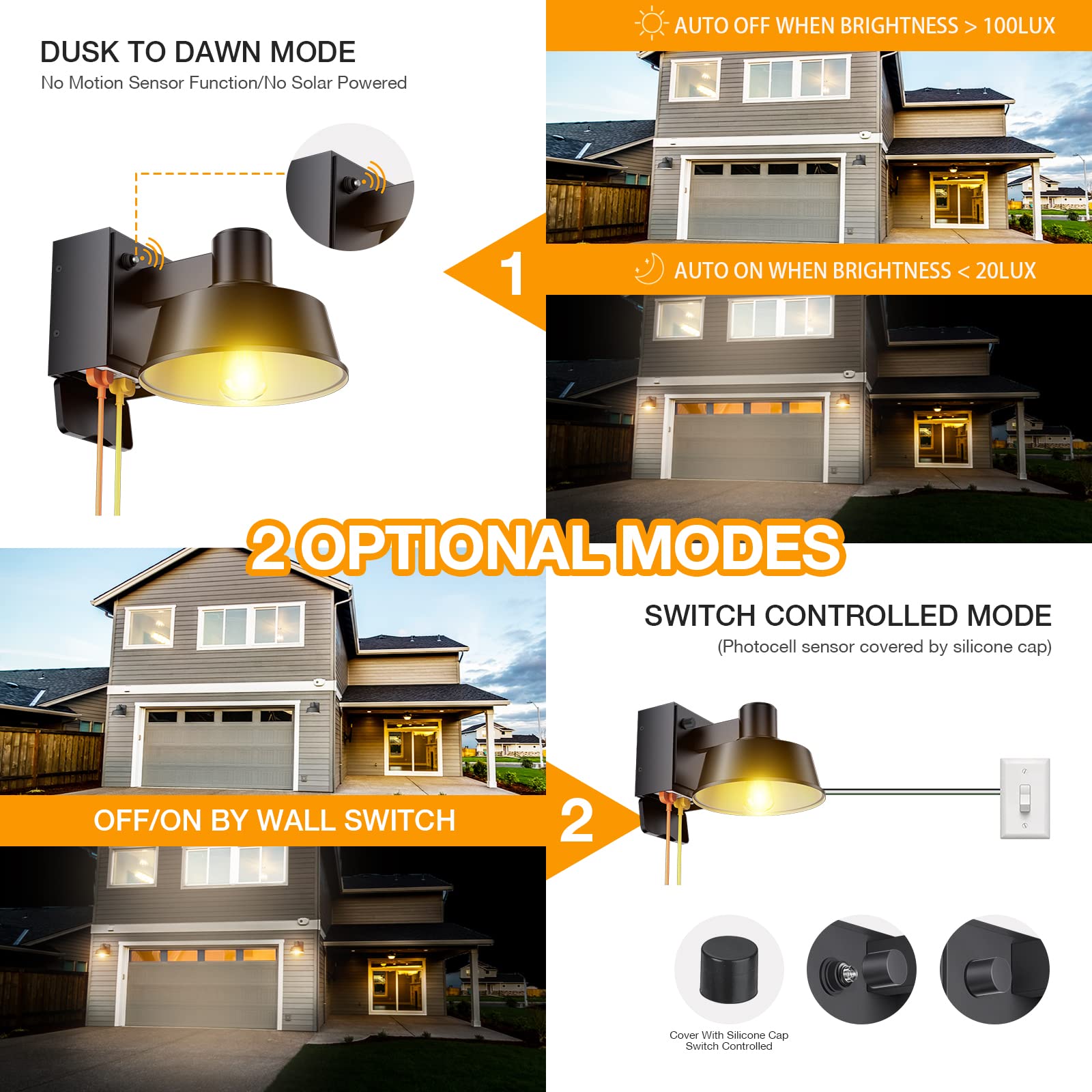 Ehaho Dusk to Dawn Porch Light with GFCI Outlet, Waterproof Aluminum Wall Sconce, Black, 1 PCS, Model EH-BD01-LS-1