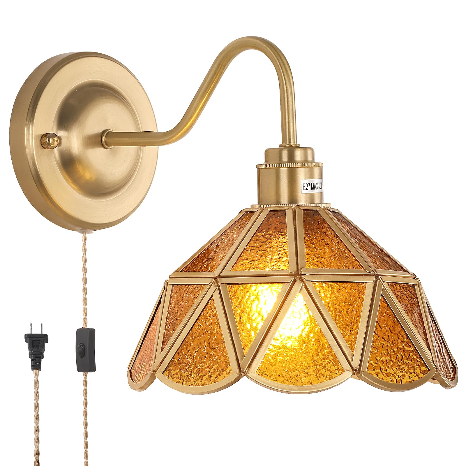 Shenmoyl Vintage Wall Sconce, Wall Lamps With Coffee Stone Triangle Checker Sconce, Stained Glass Shade Gold Wall Lights Fixture With Plug In Cord And Switch For Bedroom Bathroom Living Room Hallway