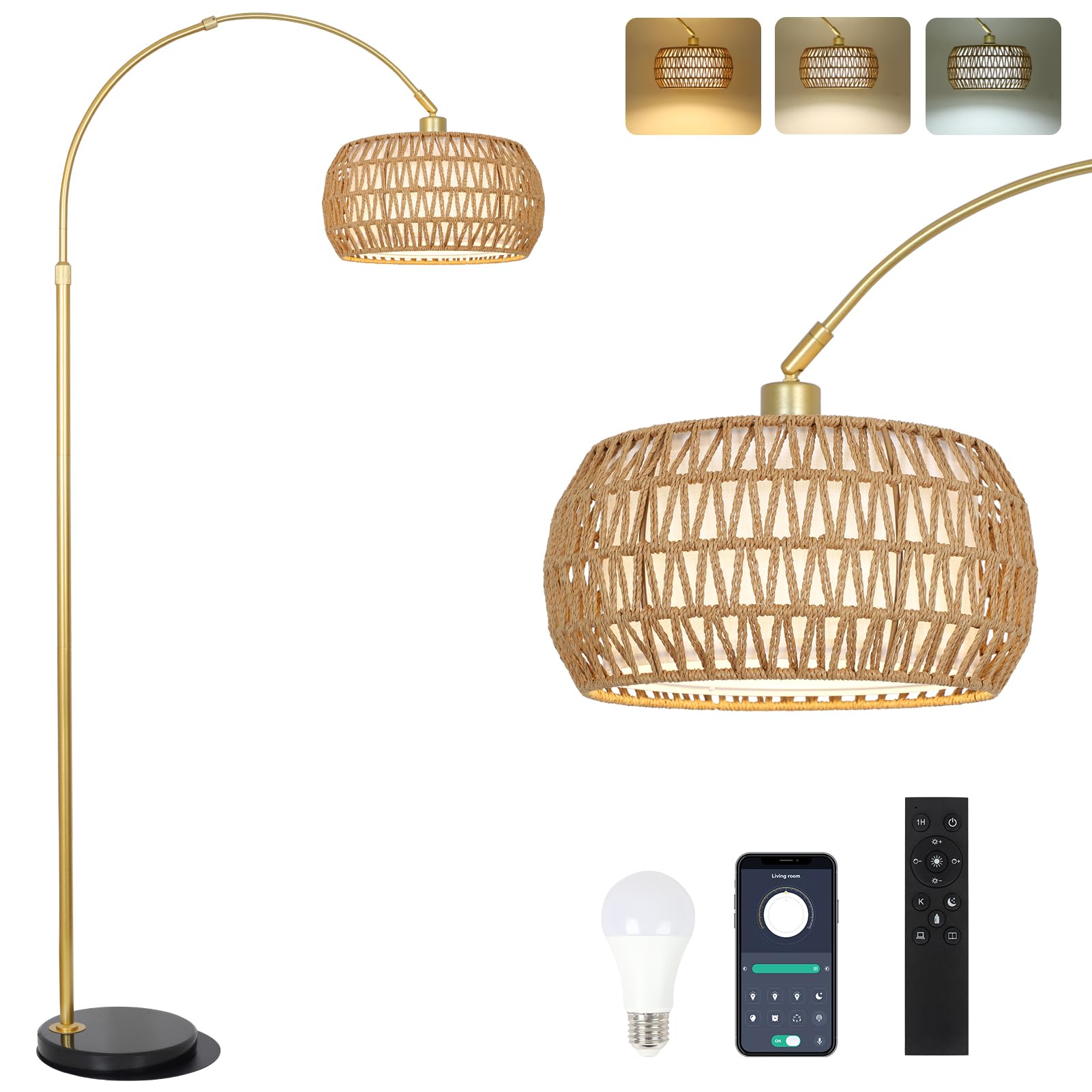 Gold Floor Lamps for Living Room, Arc Floor Lamp with Remote & Dimmable Bulb, Boho Rattan Standing lamp with 3 Color Temperature