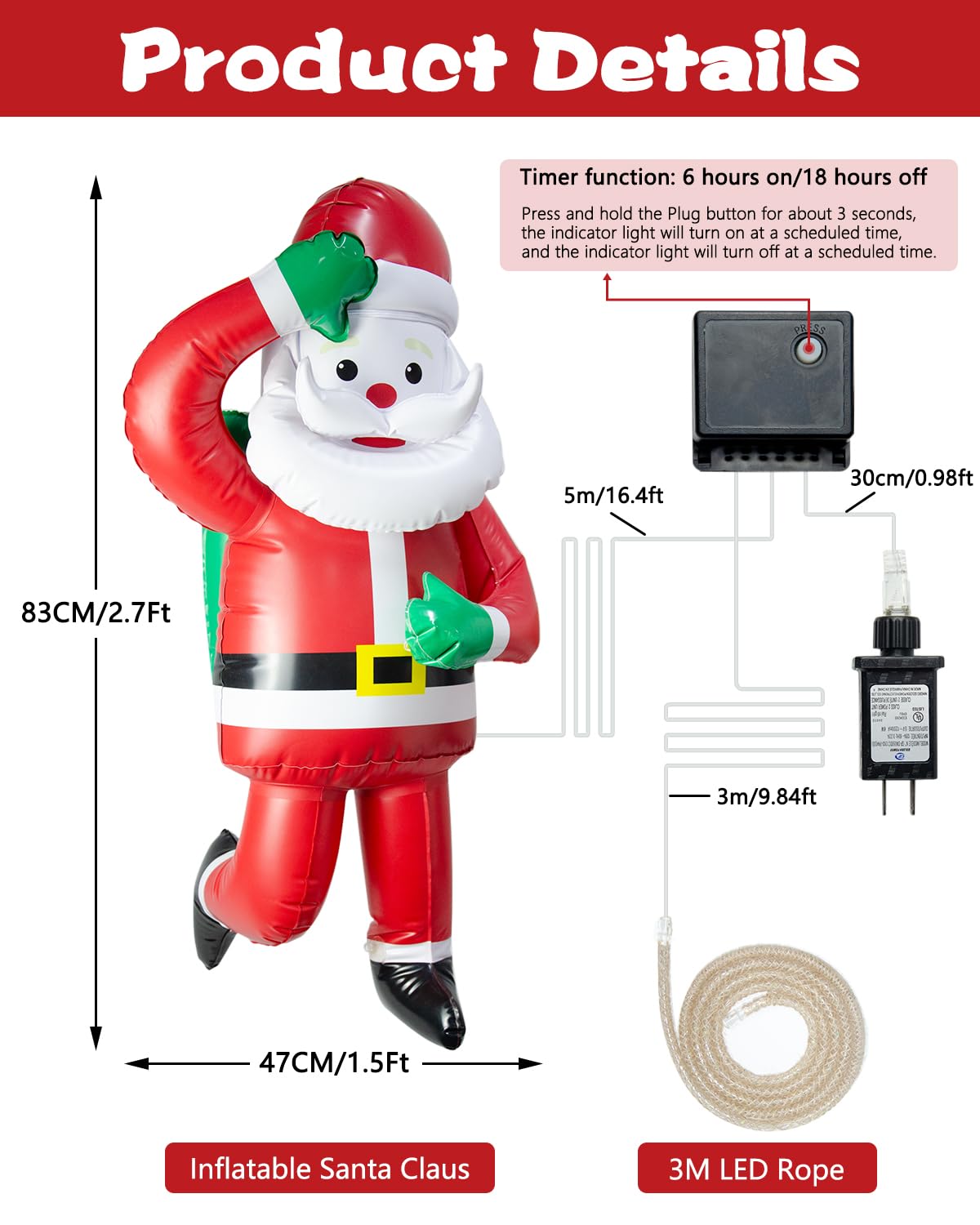 Baung 9.8ft LED Christmas Inflatables with 2.7ft Santa Claus - Outdoor Xmas String Lights for Home, Garden, and Indoor Decor