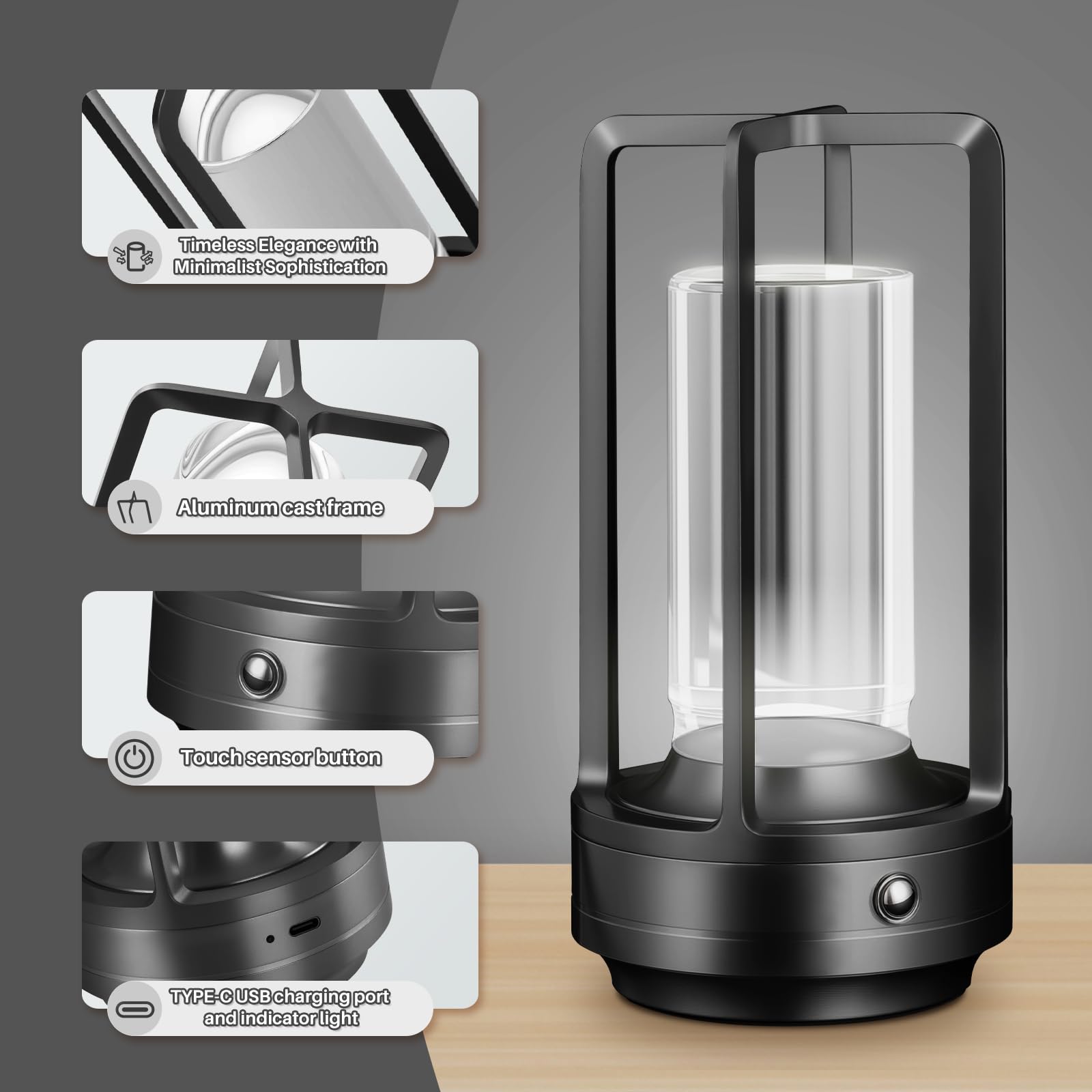 UMLAEN Rechargeable Table Lamp, Stepless Dimming, Crystal, 2 Pack, Black, Model BG6004HS-A4