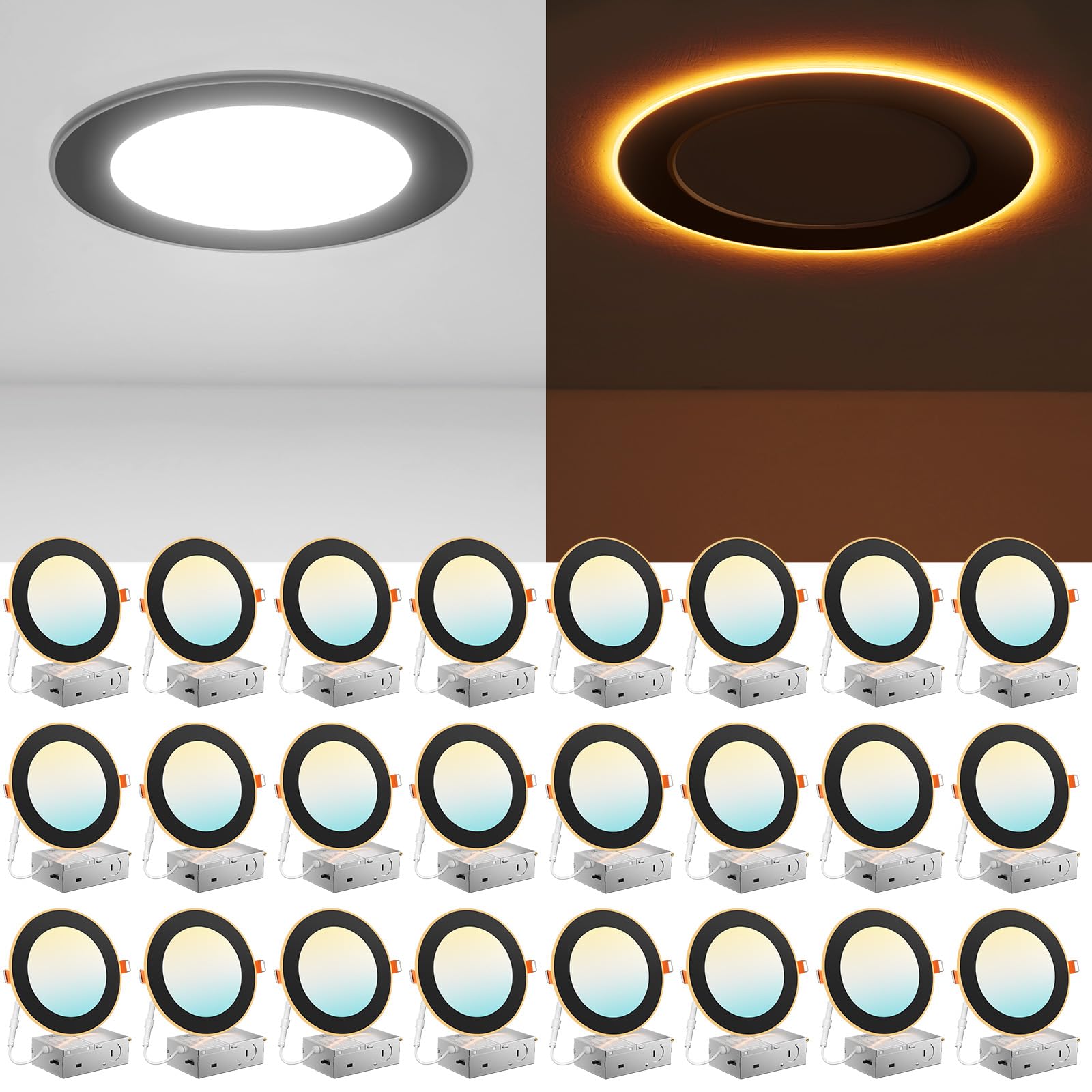 Amico 24 Black Pack 6 Inch 5CCT LED Recessed Ceiling Light with Night Light, 2700K-5000K Selectable Ultra-Thin Recessed Lighting