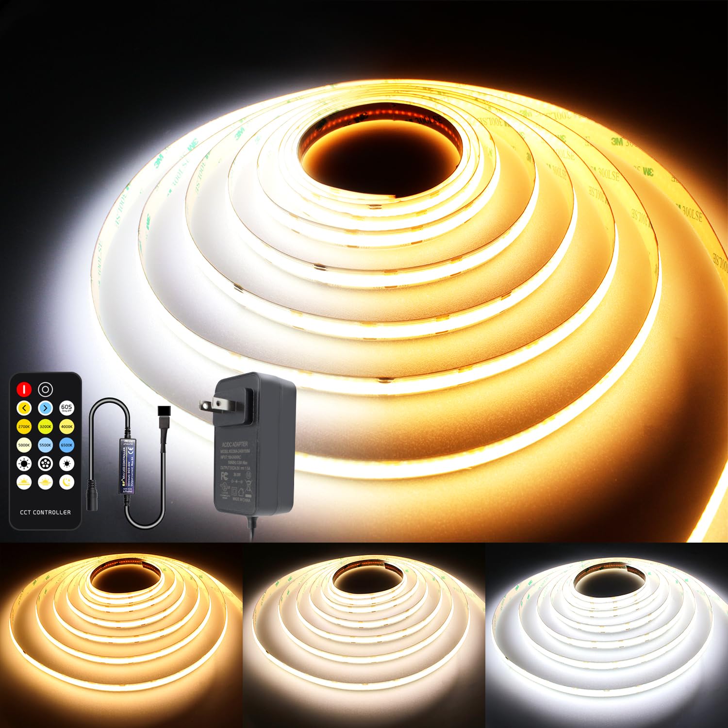 Cct Cob Led Strip Lights, 9.8Ft Dimmable 2700K-6500K 24V Tunable White Led Light Strip Kit, High Density Cri 90+ Led Strips With Remote Controller And Power Supply, For Bedroom Kitchen Home Lighting