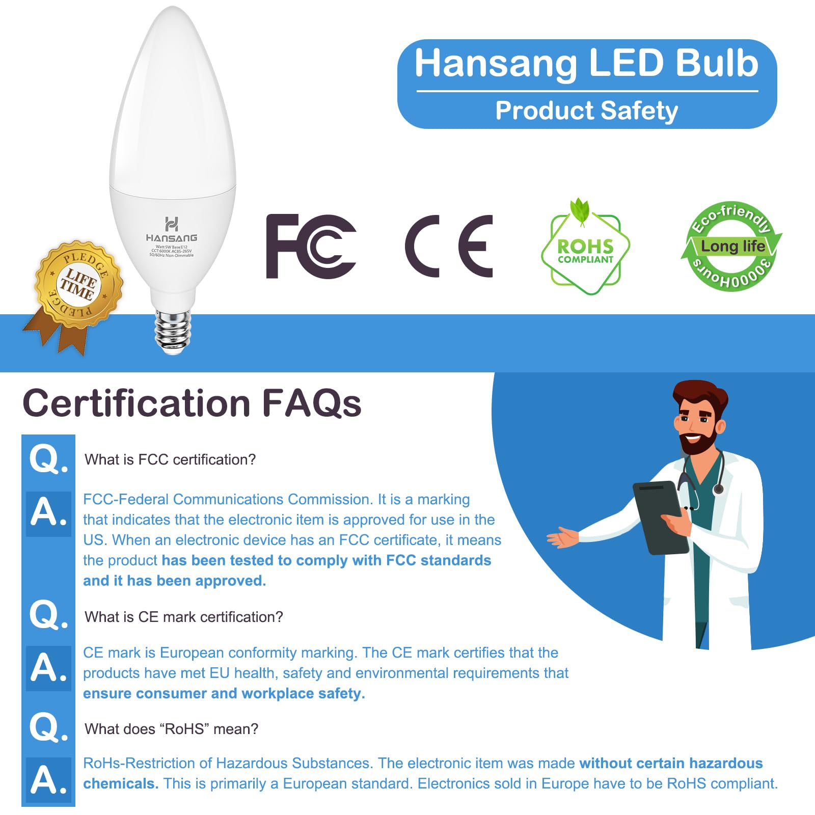 Hansang Candelabra Led Bulbs,60 Watt Equivalent,6000K Cool Daylight,Type B Light Bulb,Pack Of 8,E12 Small Base,Non-Dimmable,Deco