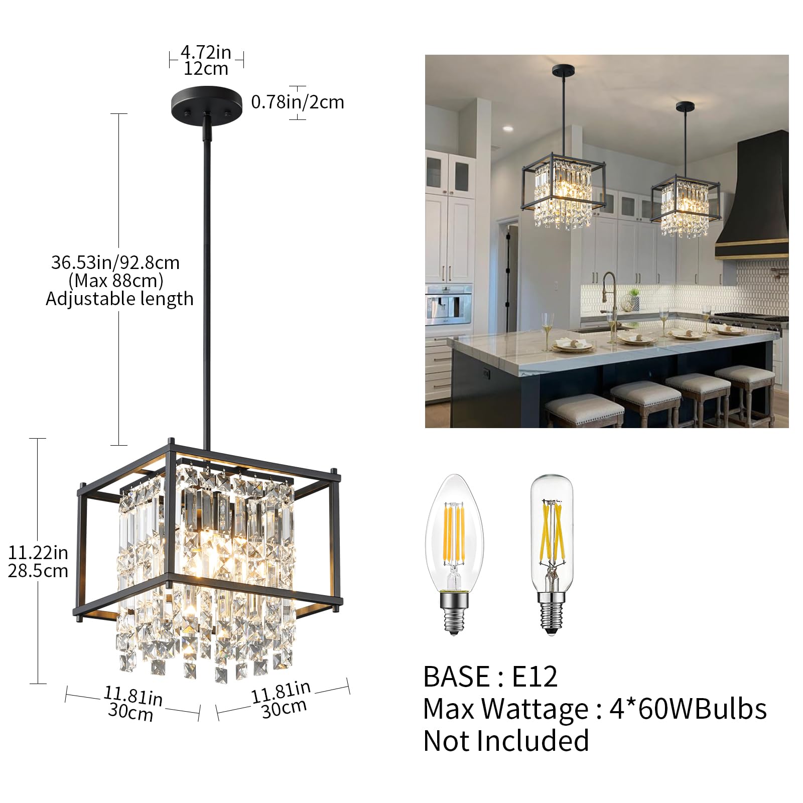 Lmqnine 4-Light Black Metal Crystal Chandelier, 11.81&quot; Square Pendant For Dining Room & Kitchen