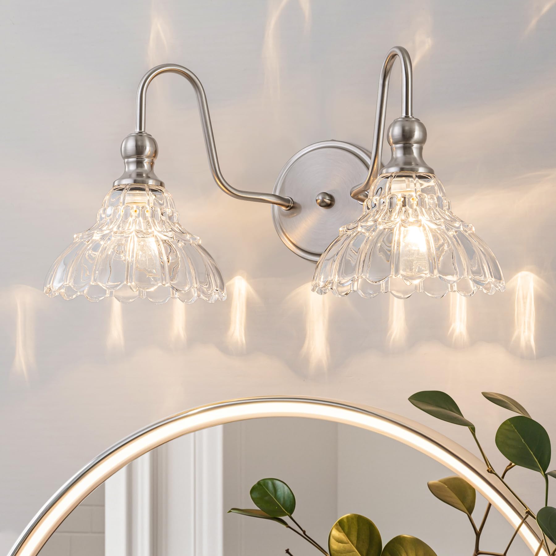 Brknit Vintage Bathroom Light Fixtures Over Mirror  2-Light Brushed Nickel Wall Sconce Lighting With Flower Glass Shade  Farmhouse Vanity Lights For Bedroom Kitchen Living Room Hallway Light