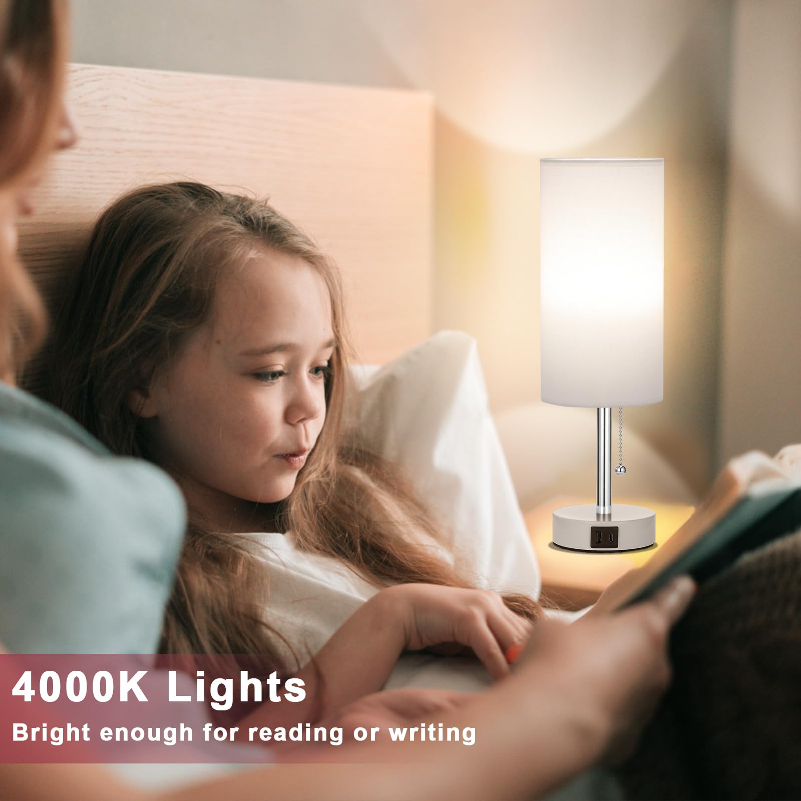 Hong-In Nightstand Lamp With 3 Color Modes - White Lamp For Bedroom With Usb-C Usb-A Charging Ports, 3000/4000/5000K Bedside Lam