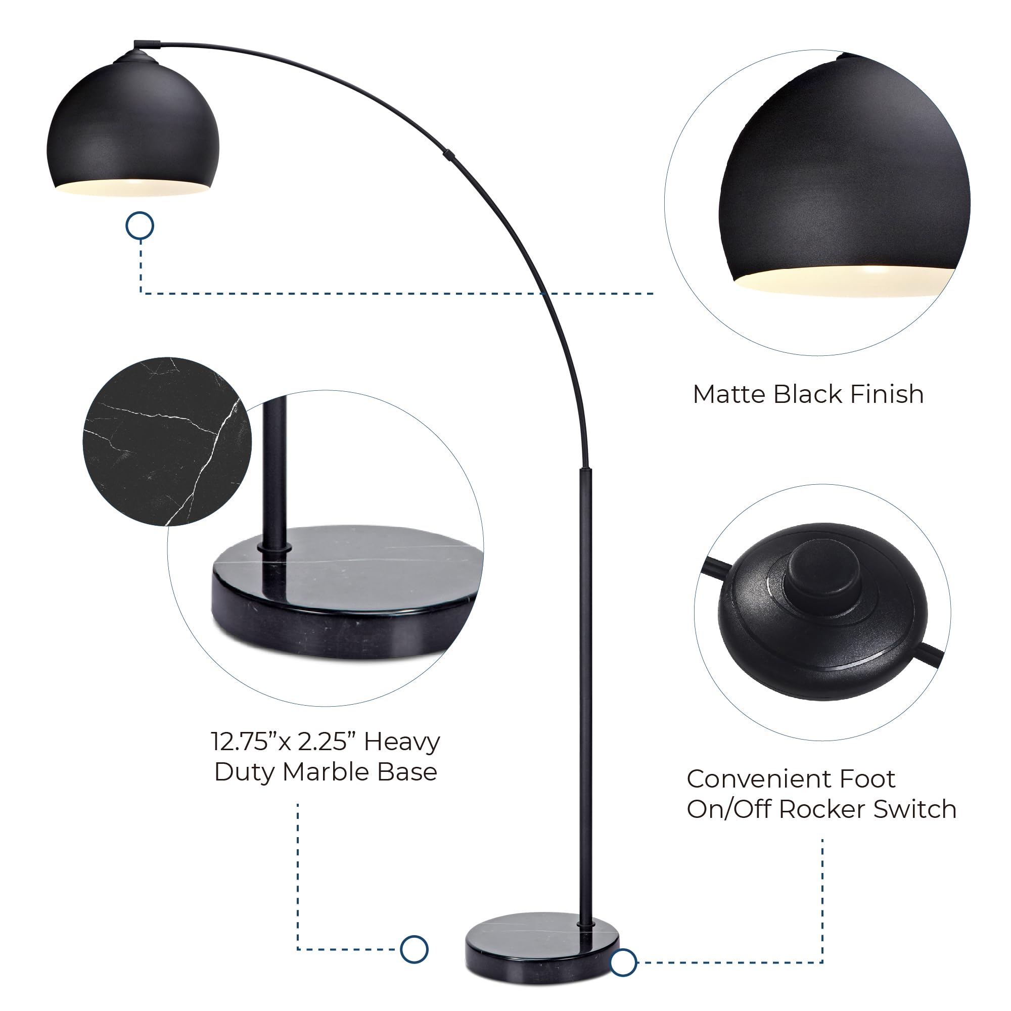 Teamson Home Arc Floor Lamp, 66.93in Iron, Black Faux Marble Base, Black Bell Shade, Model VN-L00013