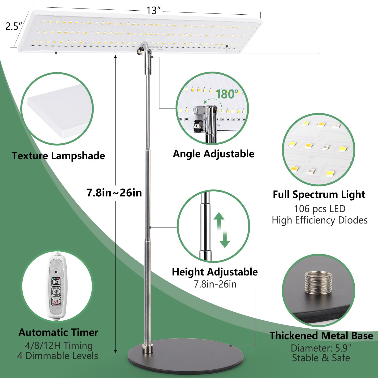 Lordem Grow Light, Full Spectrum Led Plant Light For Indoor Plants, Height Adjustable Growing Lamp With Auto On/Off Timer 4H/8H/12H, 4 Dimmable Brightness, Ideal For Home Desk Plant Lighting