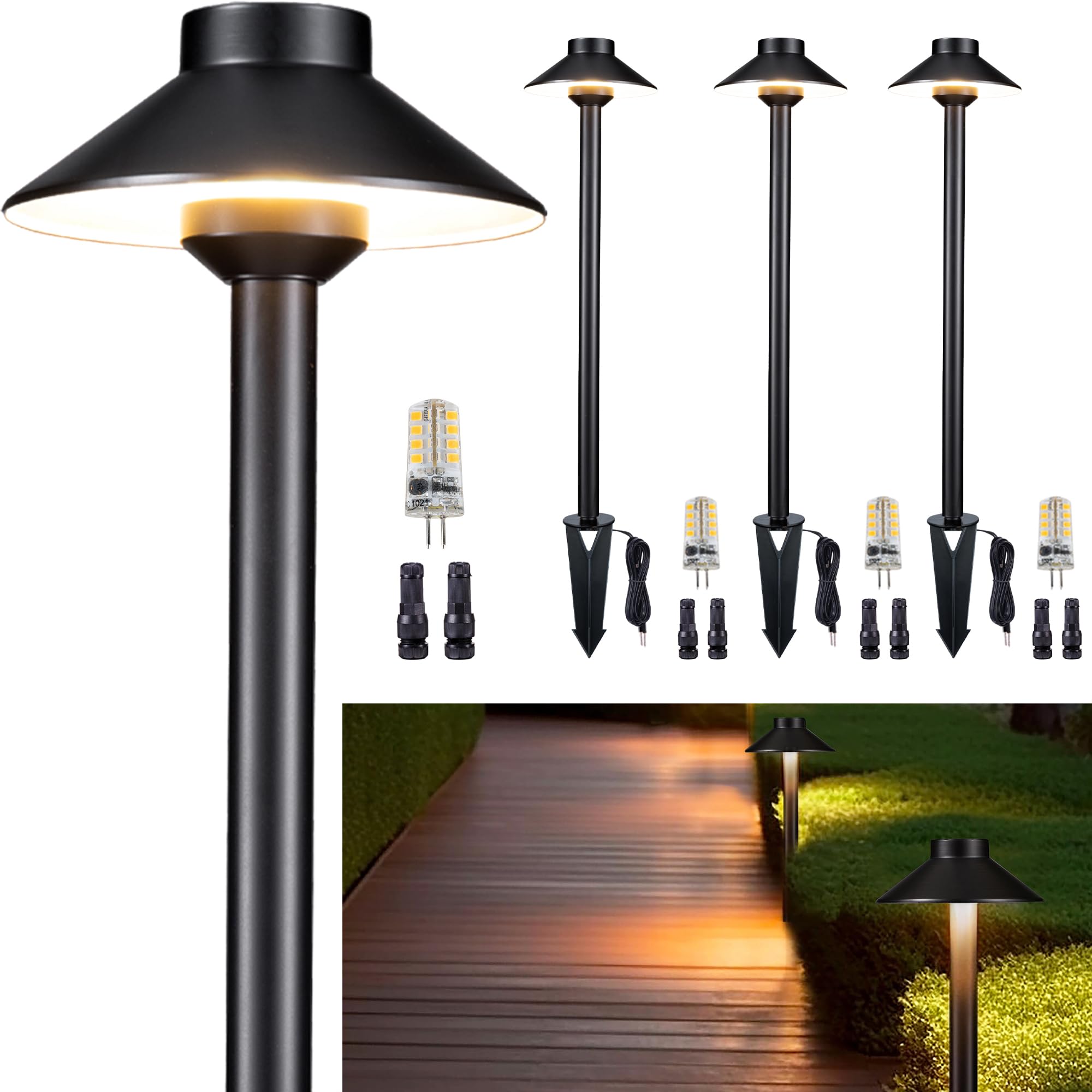 Gardenreet Low Voltage Landscape Lighting - Brass Pathway Lights, 4-Pack, 12V, Waterproof, Black, Model PL-2401-Black-4-5000K-G4