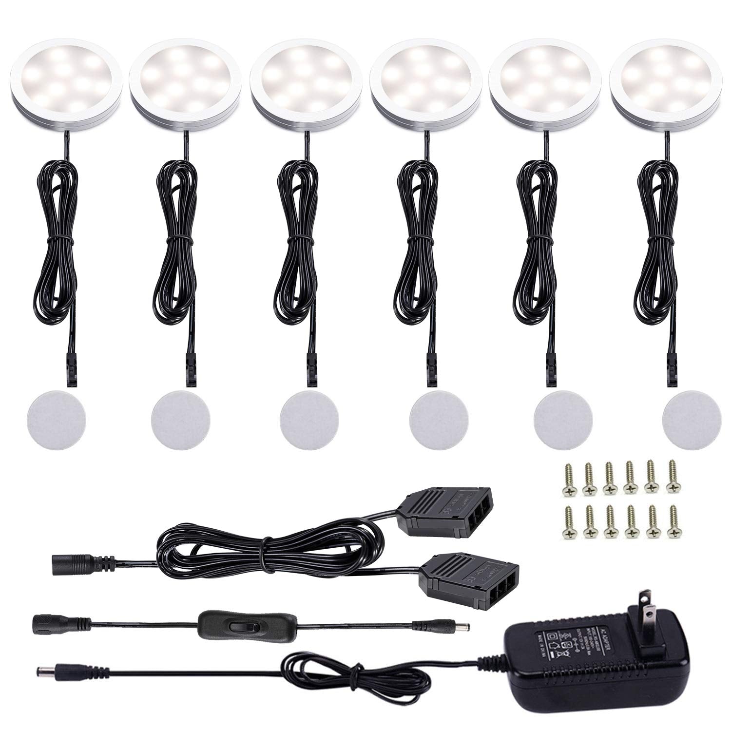 AIBOO 12V LED Under Cabinet Lights Kit 6 Pack Black Cord Aluminum Puck Lamps for Kitchen Counter Closet Lighting with Manual on/Off Switch 12W 6 Lights (4000K Natural White)