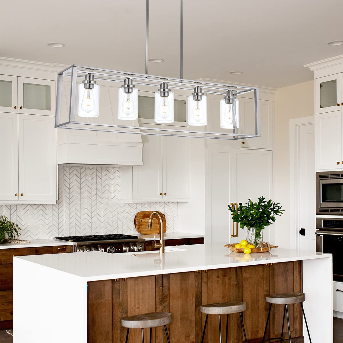VINLUZ 5-Light Industrial Modern Chandelier, Brushed Nickel Finish, Clear Glass Shade, Pendant Lighting for Dining Room, Living Room