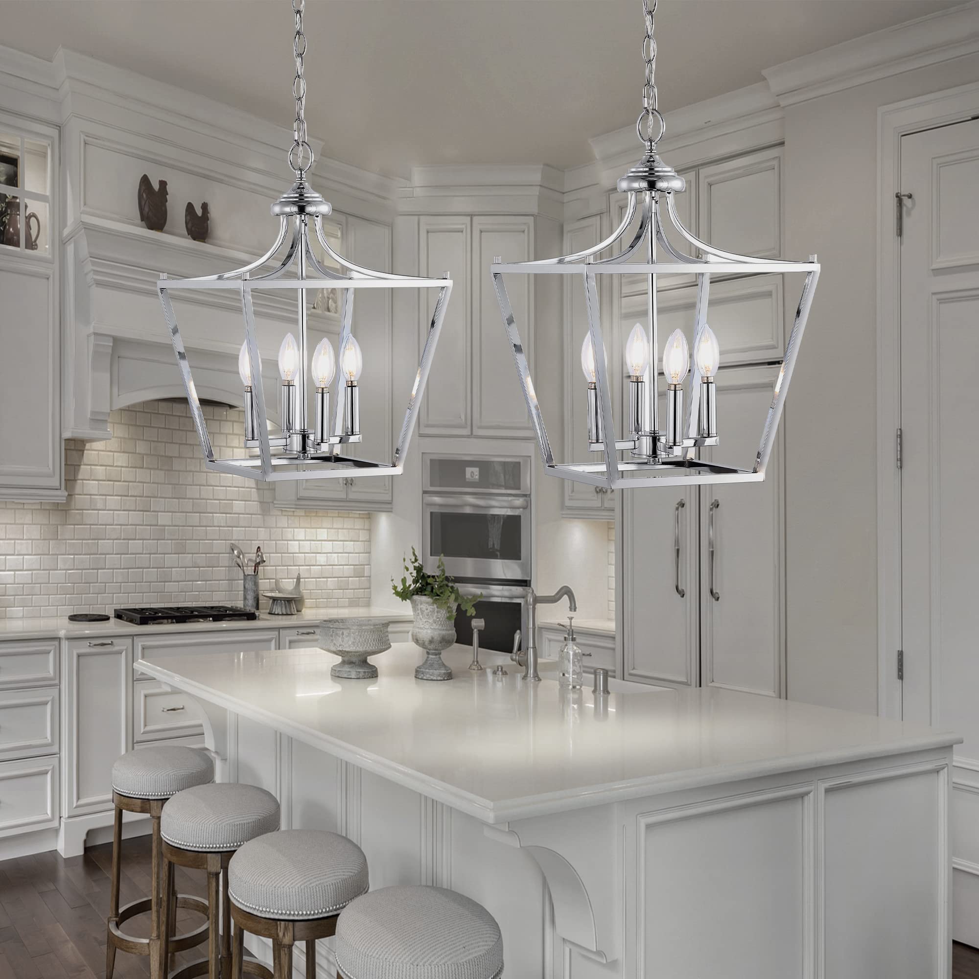 JONATHAN Y 4-Light Iron Pendant Lantern, 13in Chrome, Model JYL7561B, Classic Midcentury Style for Dining Room, Living Room, Kitchen
