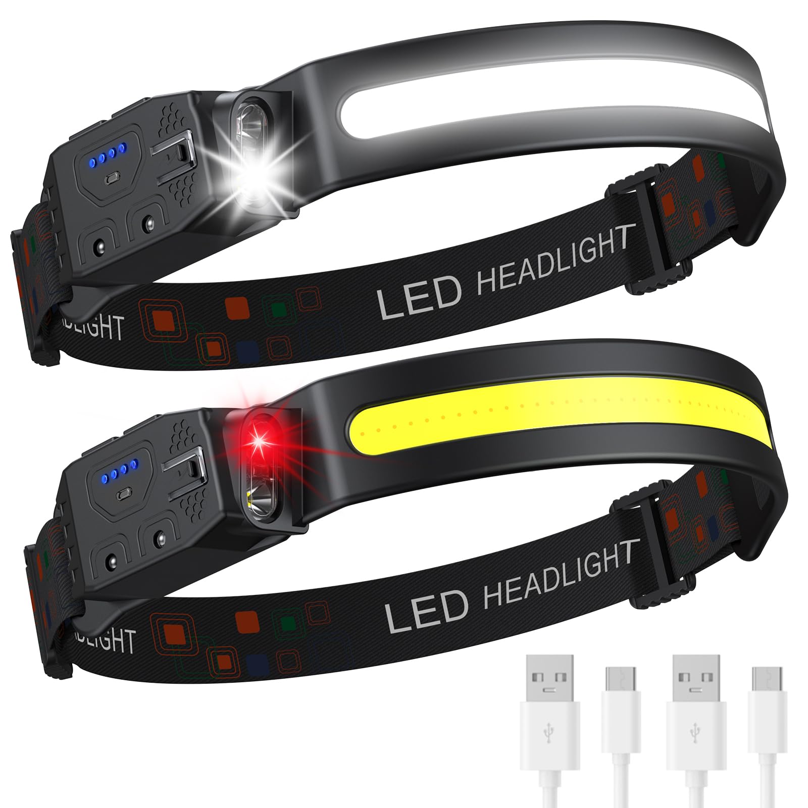 Highub Headlamp Rechargeable 2Pcs, 230 Wide Beam High Lumen Led Head Lamp For Adults, Motion Sensor Hard Hat Head Lights For For