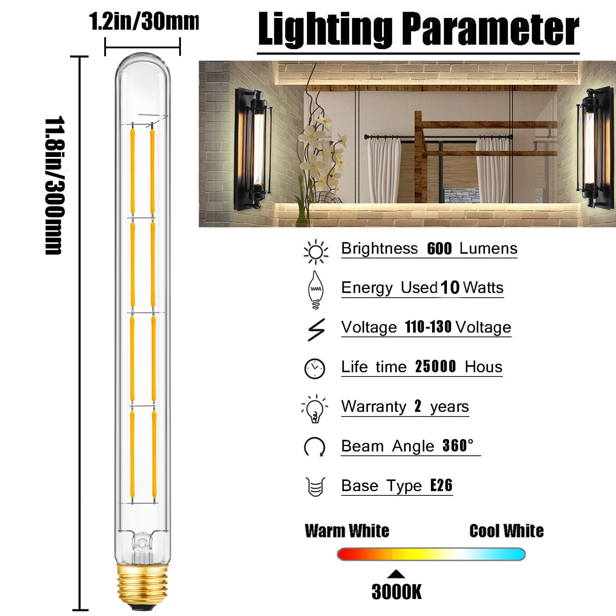 XININSUN T300 LED Bulb, 10W Dimmable Tubular Light, Clear Glass, 100W Equivalent, 1000lm, 4 Pack, 3000K