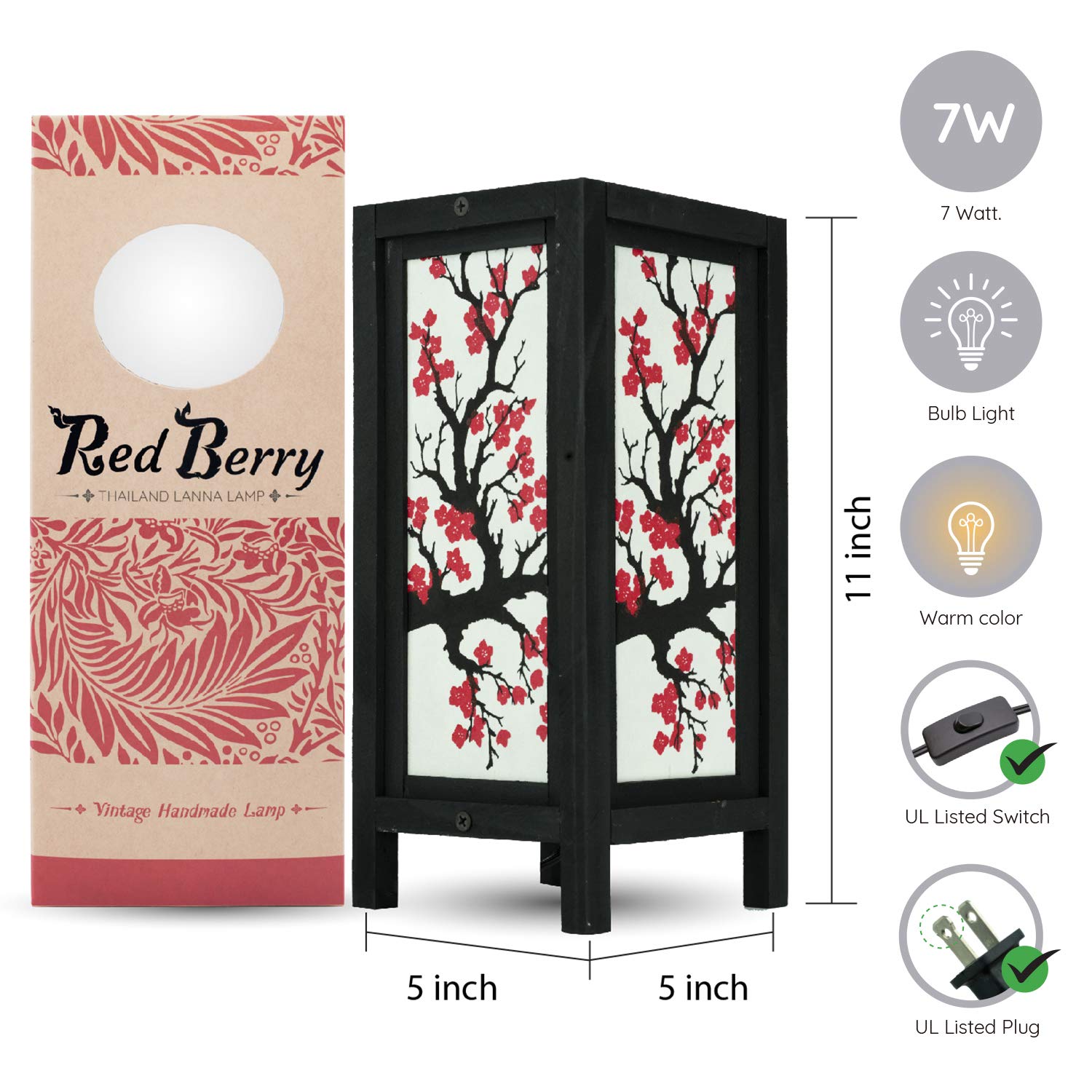 RED BERRY THAILAND LANNA LAMP Handmade Wood Table Lamp with Mulberry Paper Shade, 5x5x11 inches, Wood, Model SG_B00HUP898I_US