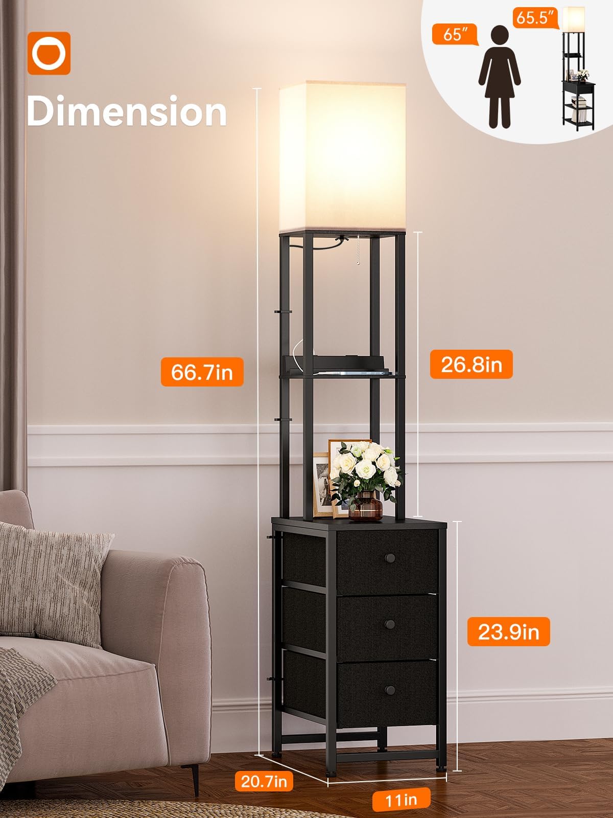 addlon Floor Lamp with 3 Drawers, 2 USB Ports & 1 Outlet, Metal, Black, 3 Color Temperatures, Model SFBGD-1224-4