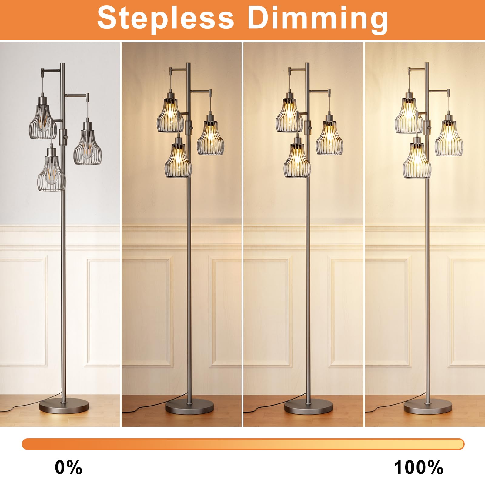 Ziisee Dimmable Floor Lamps For Living Room, Industrial Tree Standing Tall Lamps With 3 Elegant Cage Shade For Bedroom Office -