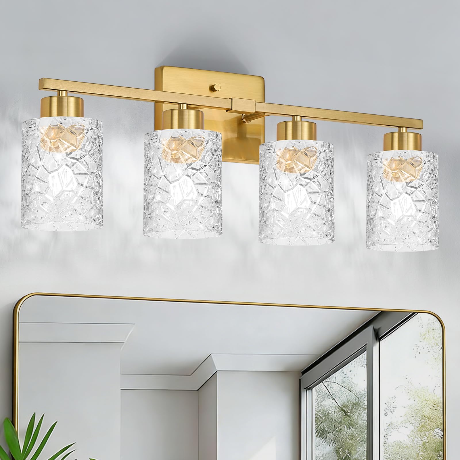Kvhiiw Brushed Gold Bathroom Light Fixtures, 4-Light Modern Bathroom Vanity Wall Light, Vanity Lights for Mirror, Wall Sconces w