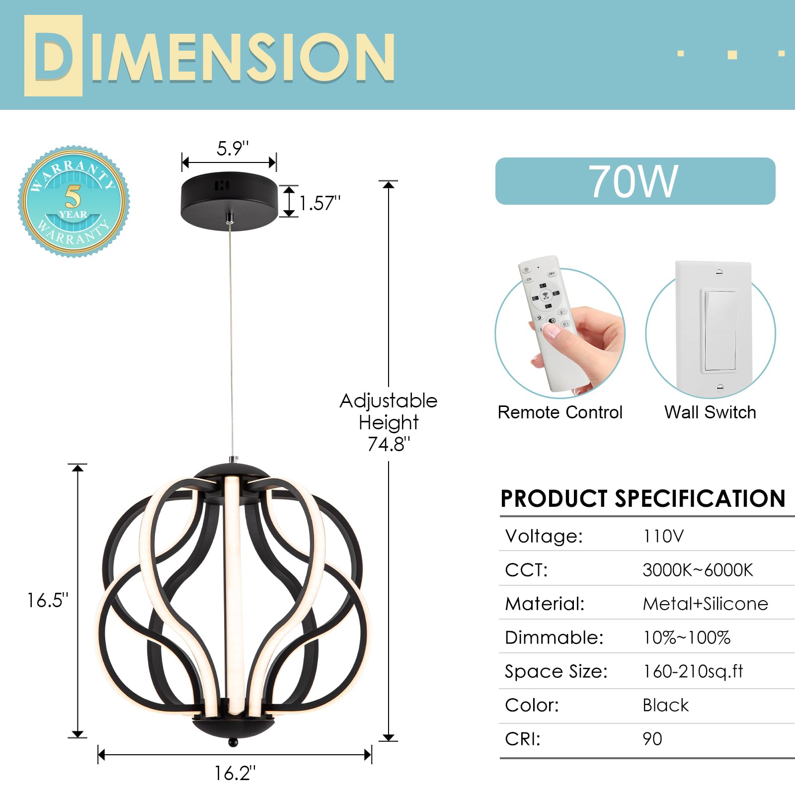 Chying Modern Led Chandelier 10-Light Remote Control Black Chandeliers 3000K-6000K Dimmable Pendant Light For Dining Room Kitche