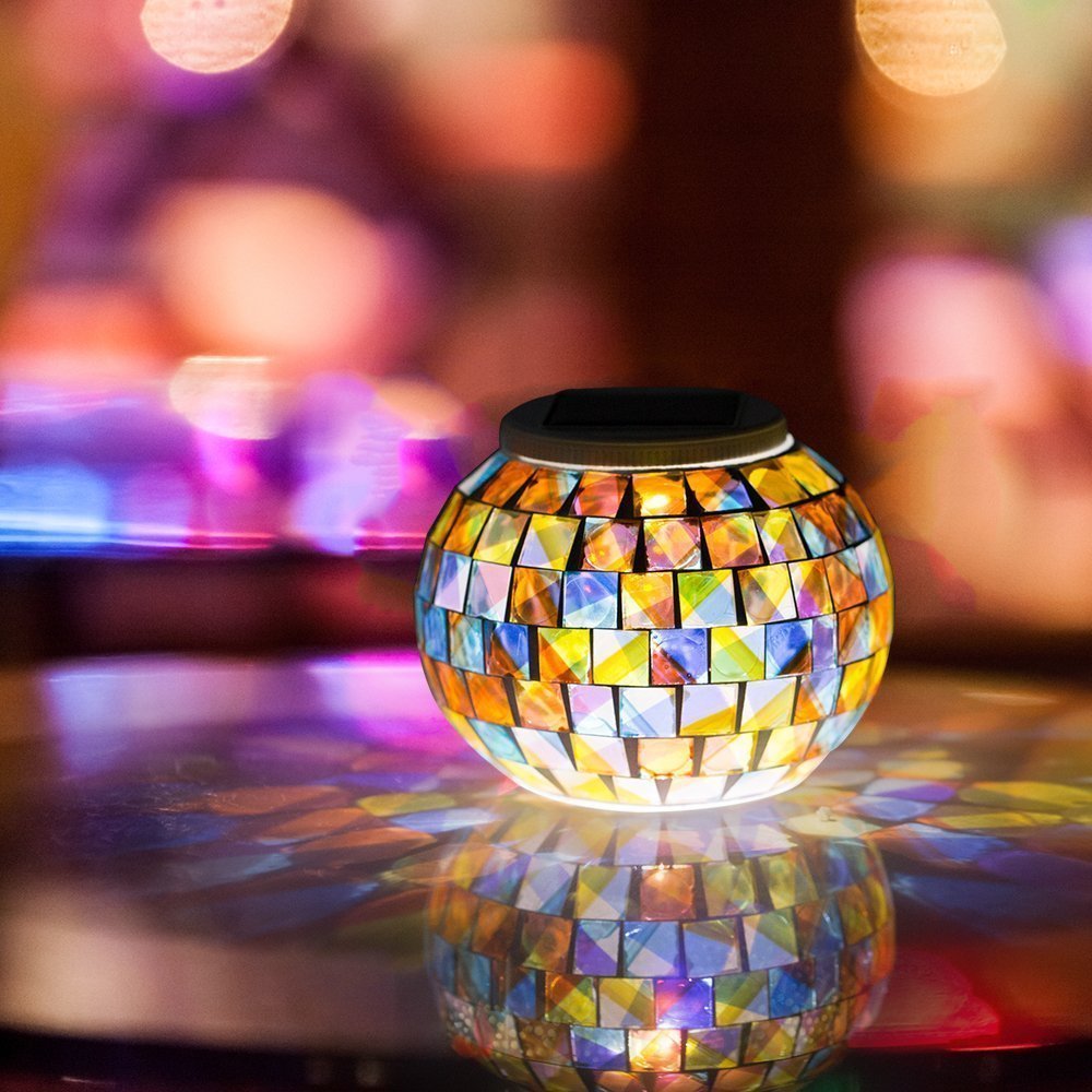 Wsgift Solar Powered Color Changing Glass Mosaic Ball Lights - Waterproof Outdoor Table Lamps