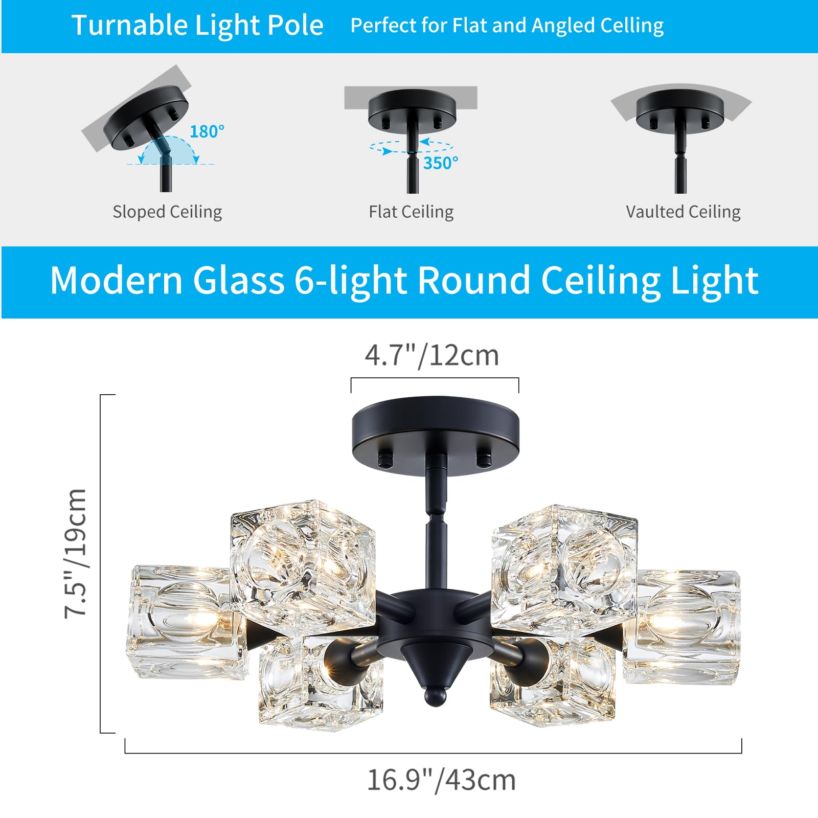 Xingqi Modern Sputnik Chandelier 6-Lights Black Ceiling Light Fixture Small Farmhouse Semi Flush Mount Ceiling Light Glass Indus