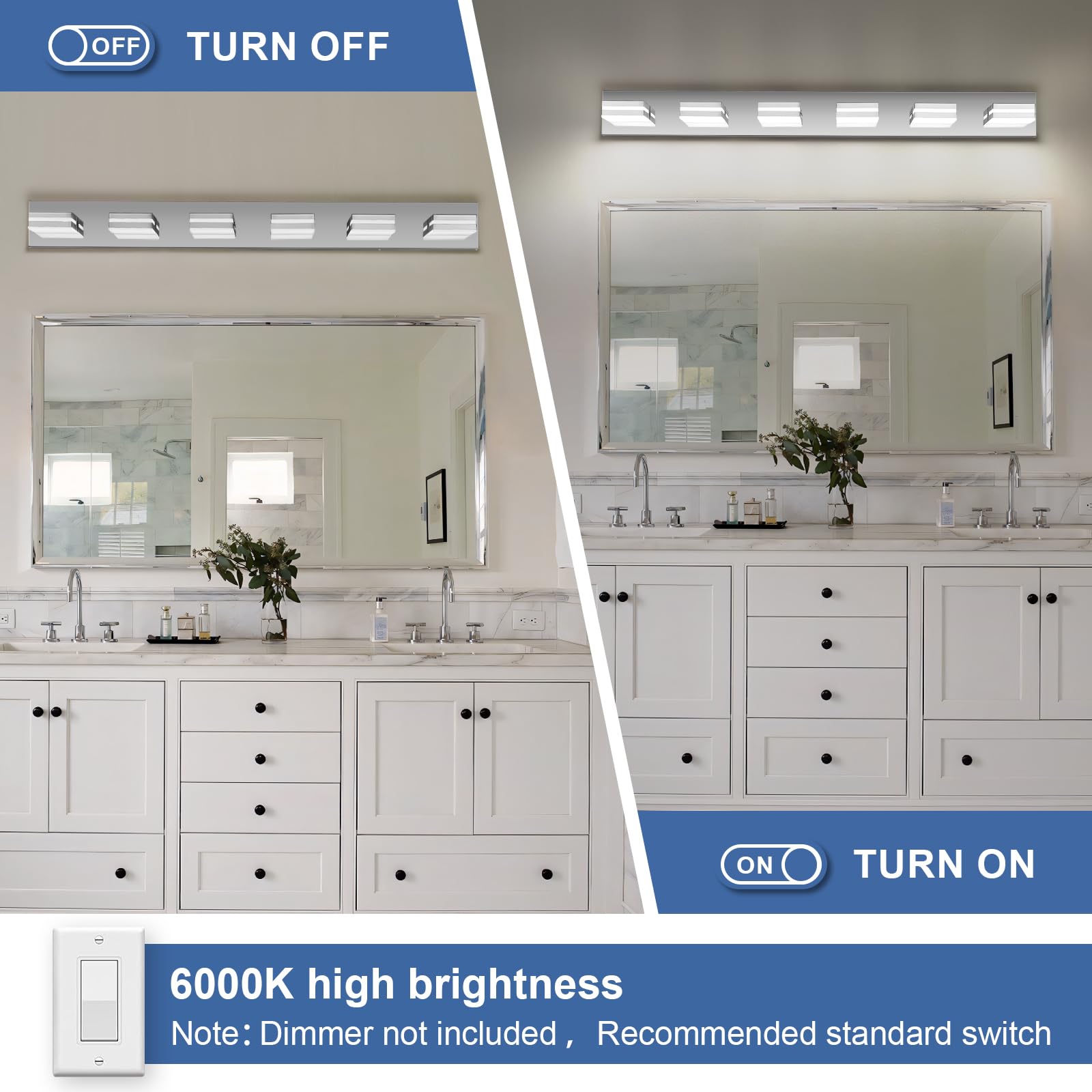 JZEKVN Modern LED Bathroom Light Fixture, 6-Light, 41.73in Chrome Acrylic Vanity Lighting, Model 202541008