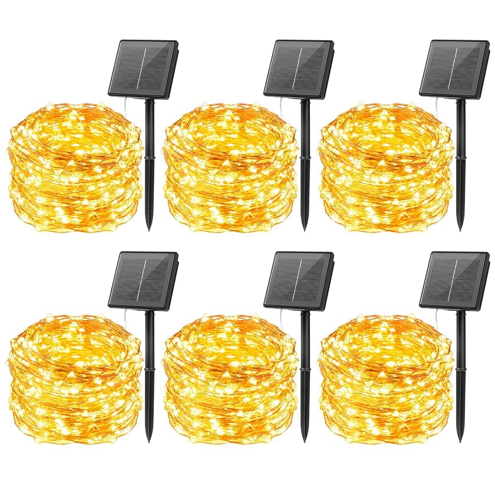 Minetom Solar String Lights for Outside, 6 Packs Total 198Ft 600 LED Outdoor Solar Fairy Lights, 8 Modes Balcony Lights for Tree Patio Christmas Party Wedding Decor (Warm White)
