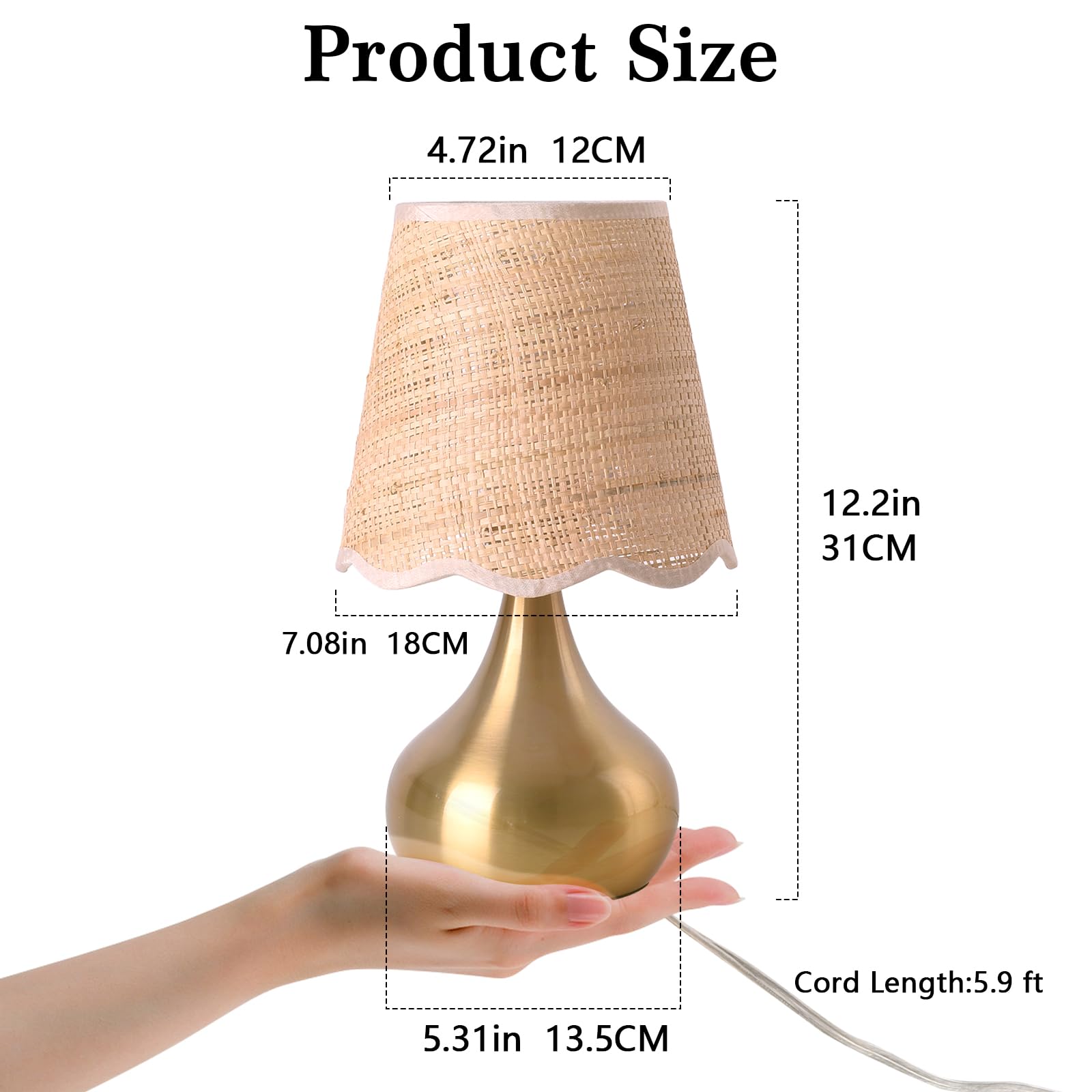 Ziqqeelam Gold Mini Table Lamp, Rattan Shade, 11.81" Nightstand Light for Bedroom, Kitchen, Living Room, Model QT1002