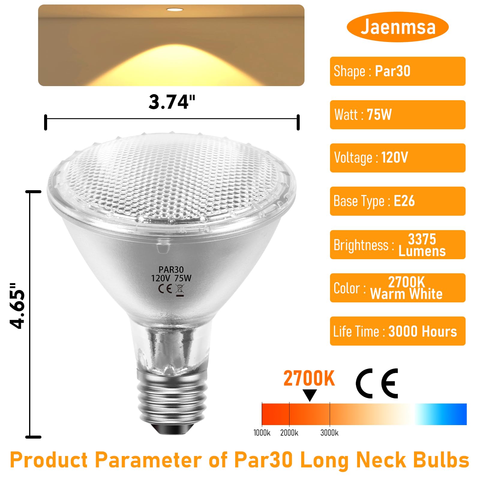 Jaenmsa 75W Par30 Halogen Flood Light Bulbs 120V,Par30 Long Neck Halogen Bulbs E26 Base,Dimmable 2700K Warm White Halogen Light