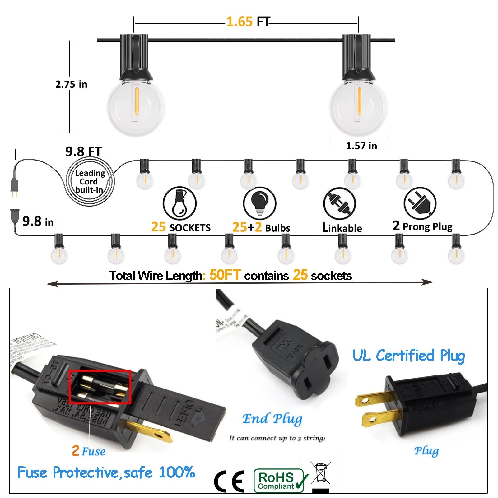 Meidaoduo Outdoor String Lights 50Ft G40 Led Globe Bulbs - Shatterproof, Connectable, Waterproof - 27 Bulbs (2 Extra), 25 E12 Ha