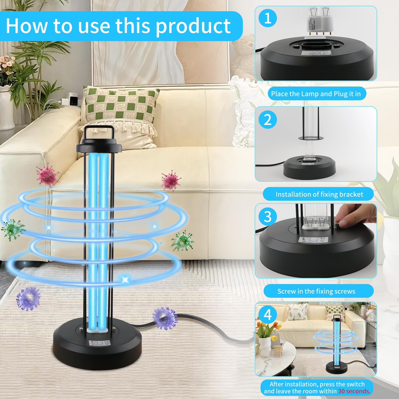 coospider-repta 100W UV Sanitizer Light with Remote Control, Ozone Free, 3-Gear Timer, Ideal for Home, Office, Hotel, School