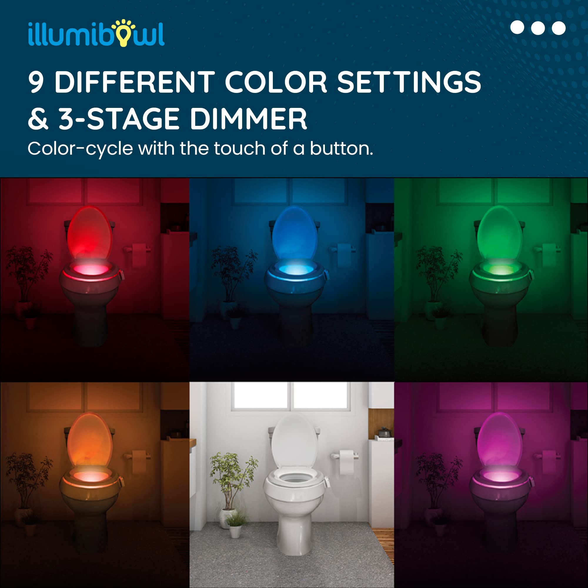 IllumiBowl Toilet Night Light - Motion Sensor, Multi-Color, Battery Powered, Universal Fit, Pack of 1, New Version