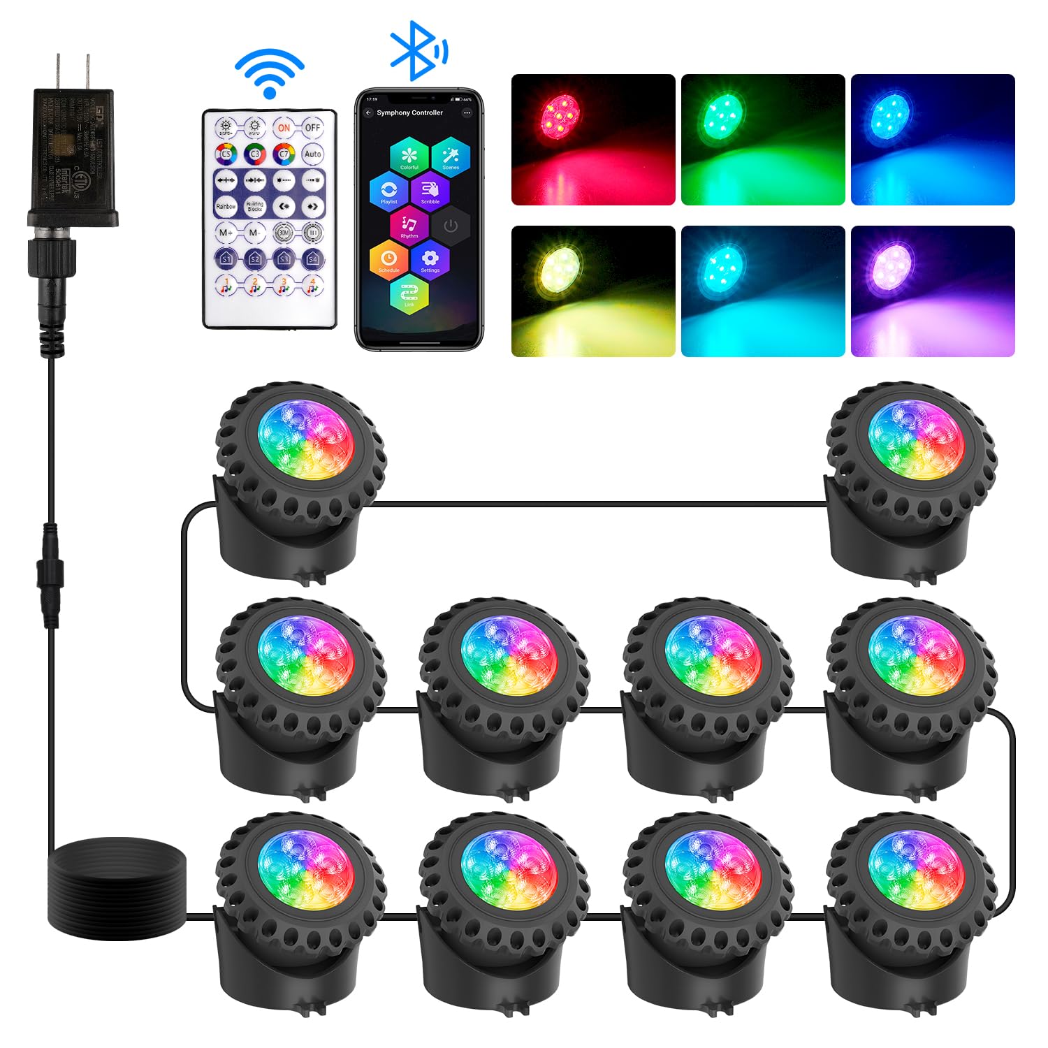 T-SUN Submersible Pond Light, Bluetooth Control, RGB Color Changing, 10 Lights, IP68 Waterproof, Model TS-F2220-BT
