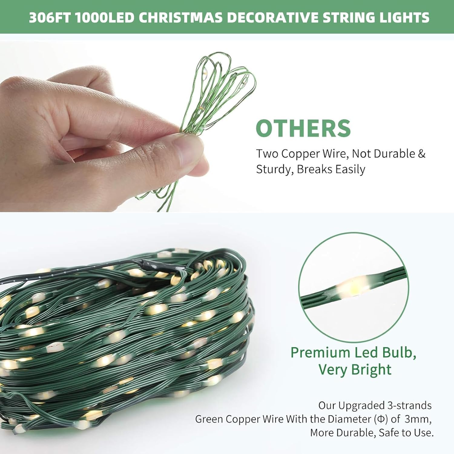 Tcamp 306FT 1000 LED Green Christmas Lights, 8 Modes with Timer, Green Wire Starry Fairy Light, Model QL300AE