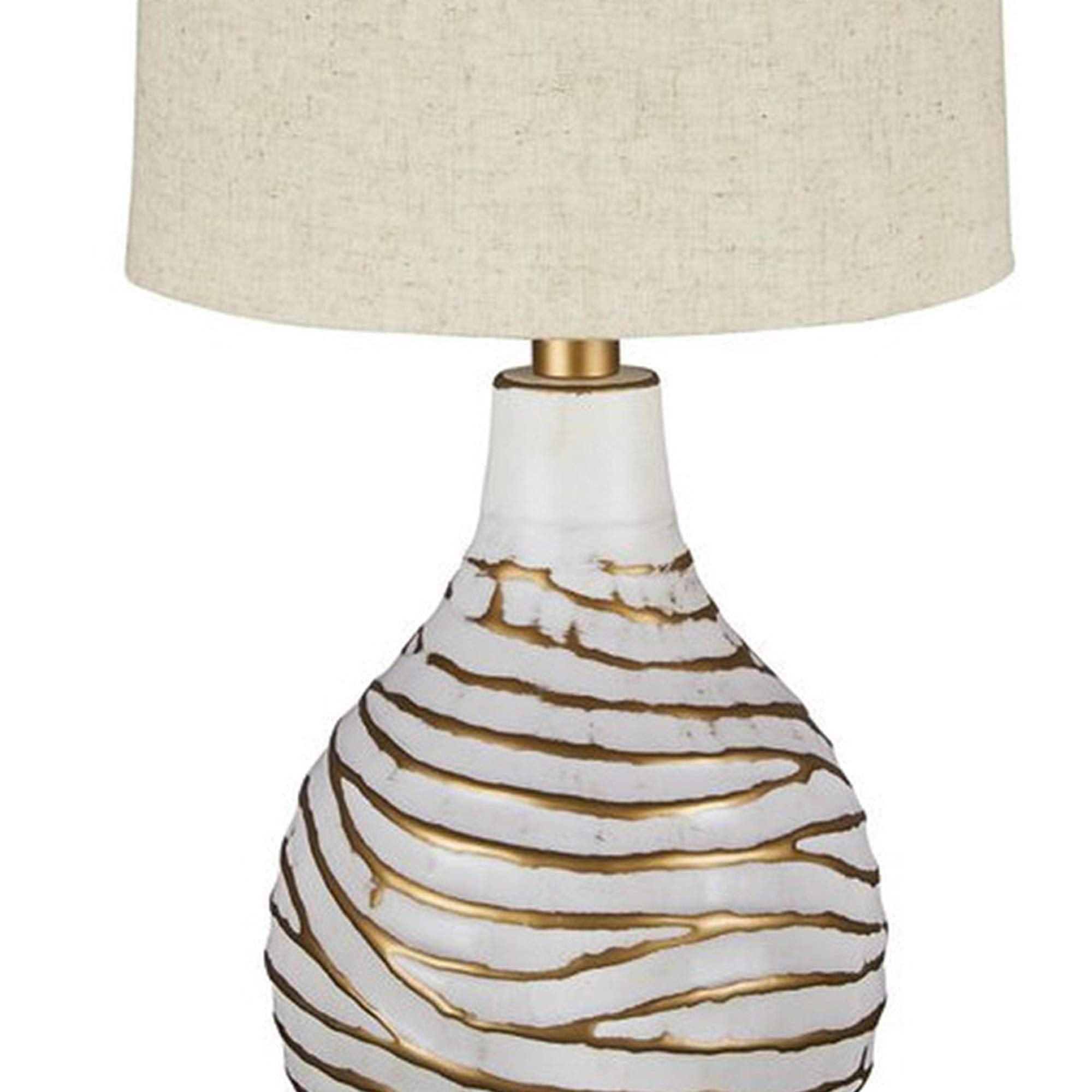 Benjara Pot Bellied Metal Table Lamp With Textured Golden Embellishment, White