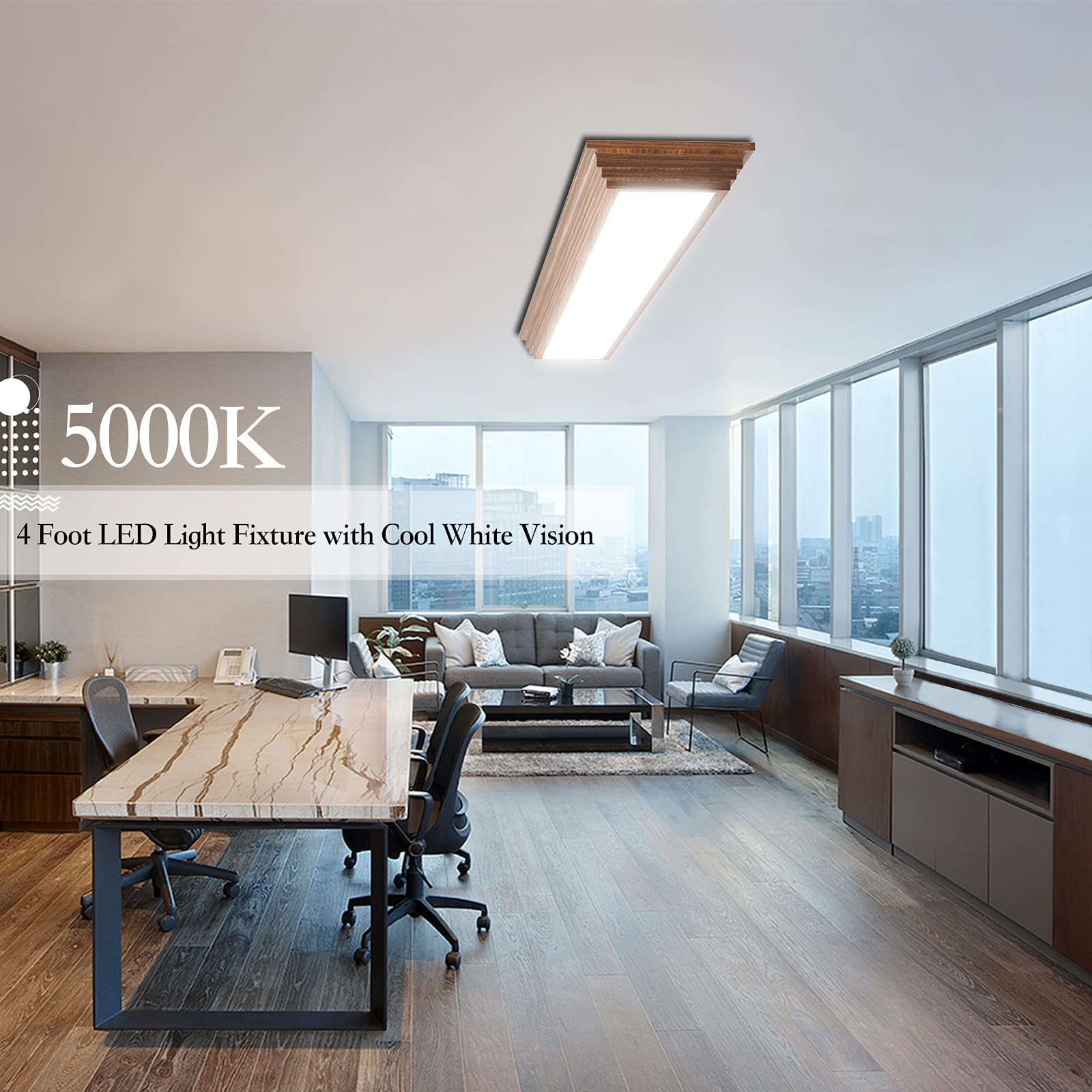 Faithsail 4Ft Led Light Fixture, 48 Ceiling Led Wraparound With Selectable Cct 3000K/4000K/5000K, 4 Foot Wooden Frame Flush Moun