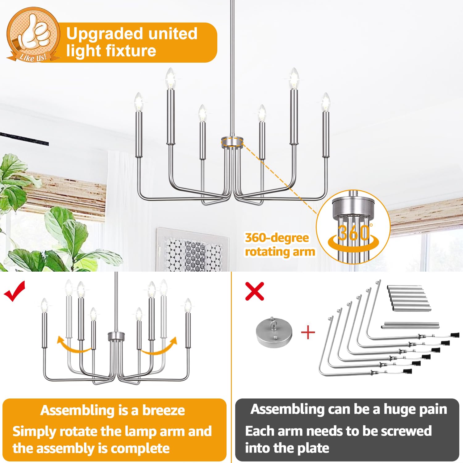Lynnoland 6-Light Brushed Nickel Farmhouse Chandelier, Industrial Style for Dining Room, Foyer, Kitchen, Model L220028P6