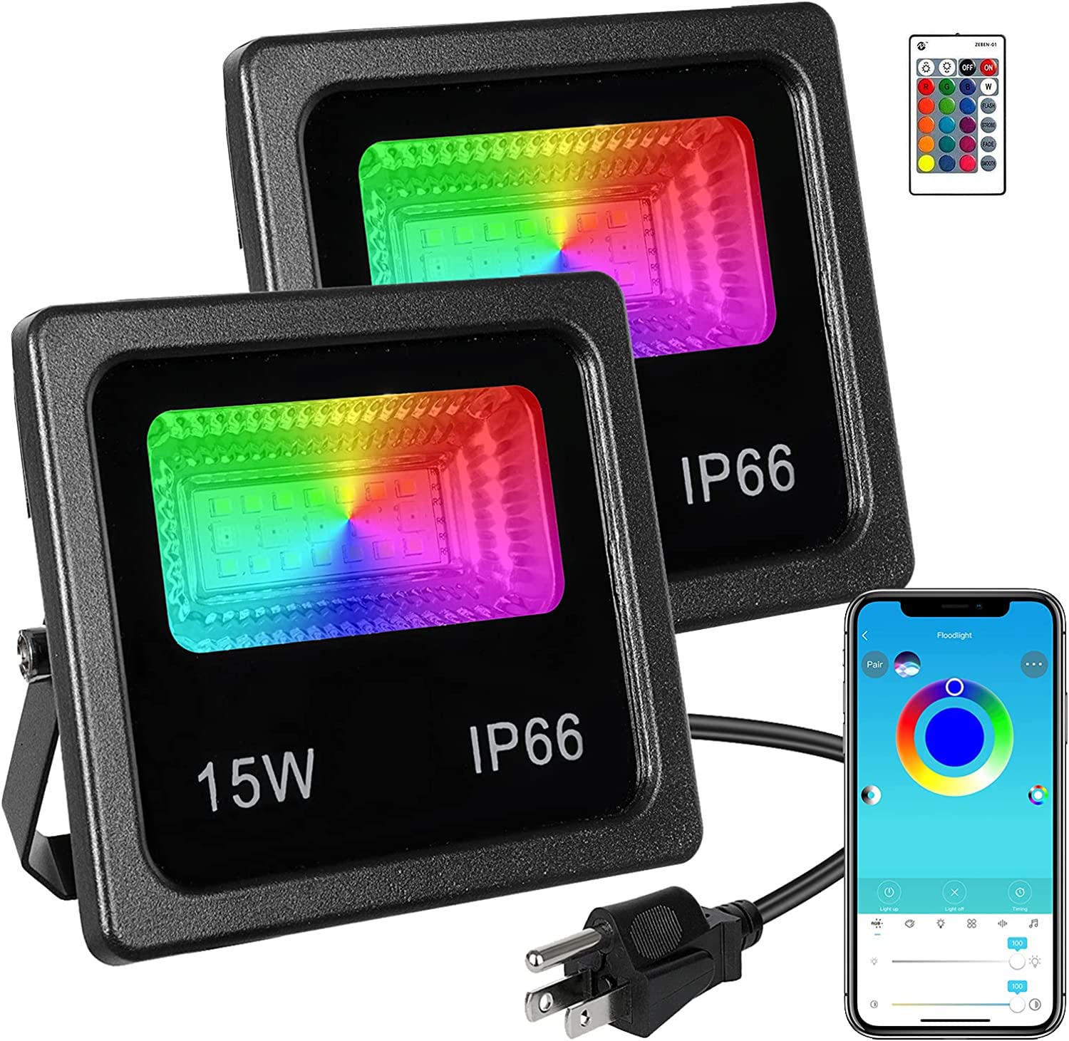 Z 150W Rgb Color Changing Flood Lights - Ip66 Waterproof, Dimmable, 2 Pack For Indoor/Outdoor Decor