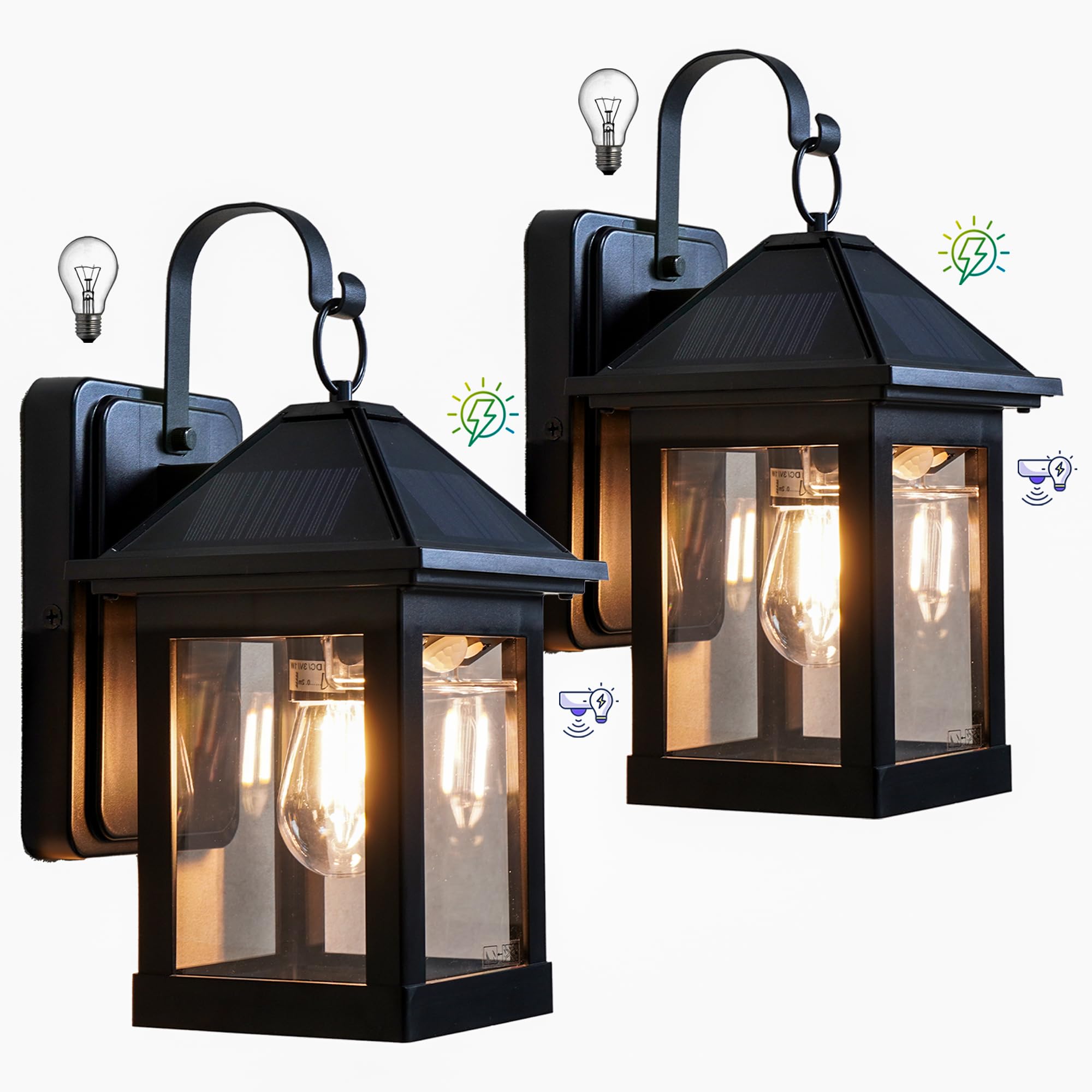 2 Pack Solar Outdoor Wall Lights for Fence Front Door Waterproof Dusk to Dawn Motion Sensor LED Sconce with 3 Modes,3000K E26 Bu
