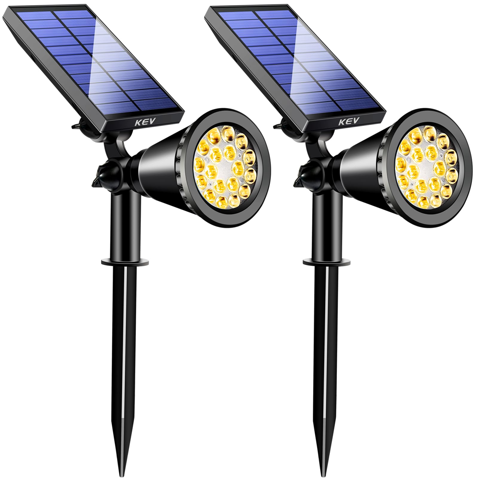 KEV 800 Lumens Solar Spot Lights, 18 LEDs, IPX65 Waterproof, Adjustable, Warm White, 2 Pack, Model KEV-11