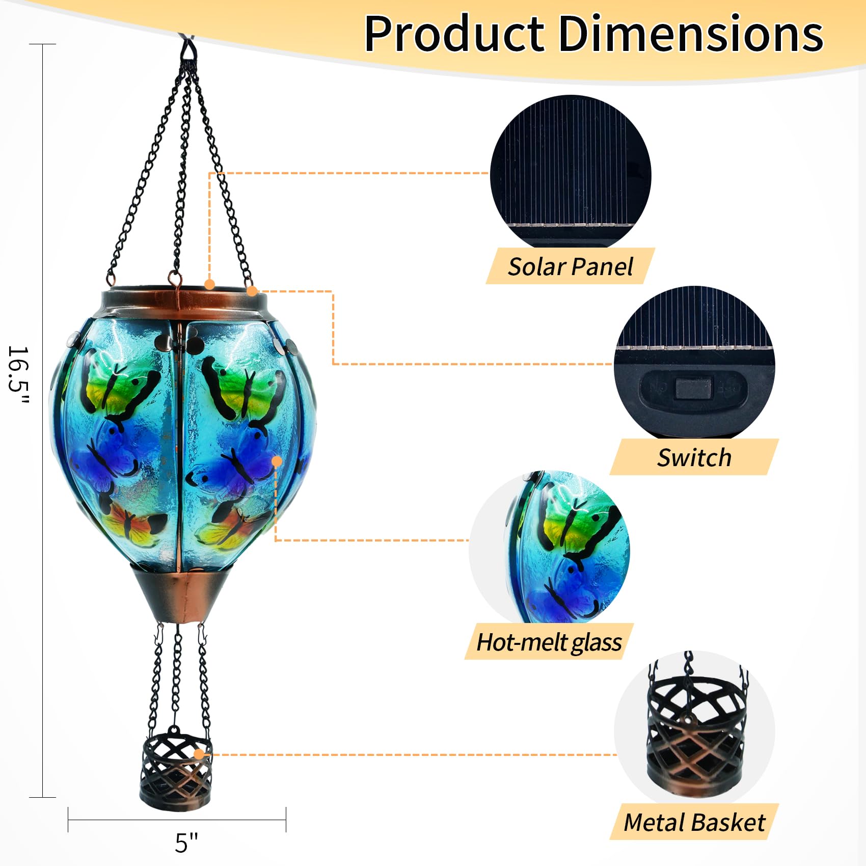 teyigarden Solar Lantern Glass Hot Air Balloon Waterproof Outdoor Garden Light Butterfly