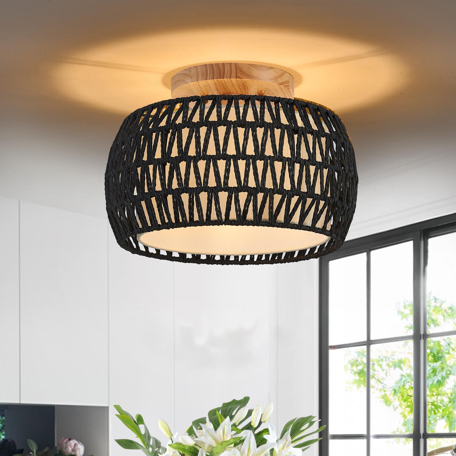 Alaislyc 2 Packs Boho Rattan Flush Mount Ceiling Lights 12 Inch Farmhouse Ceiling Light Fixtures Rustic Wicker Hand Woven Rope C