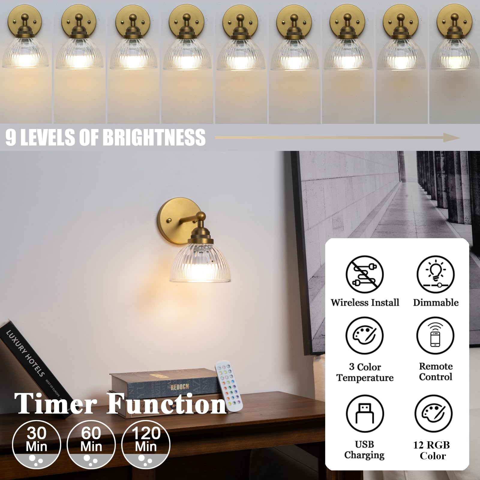 Phansthy Rechargeable Wall Sconce with Remote Control, Vintage Dimmable Indoor Light, Antique Finish, Model FZUS334-D