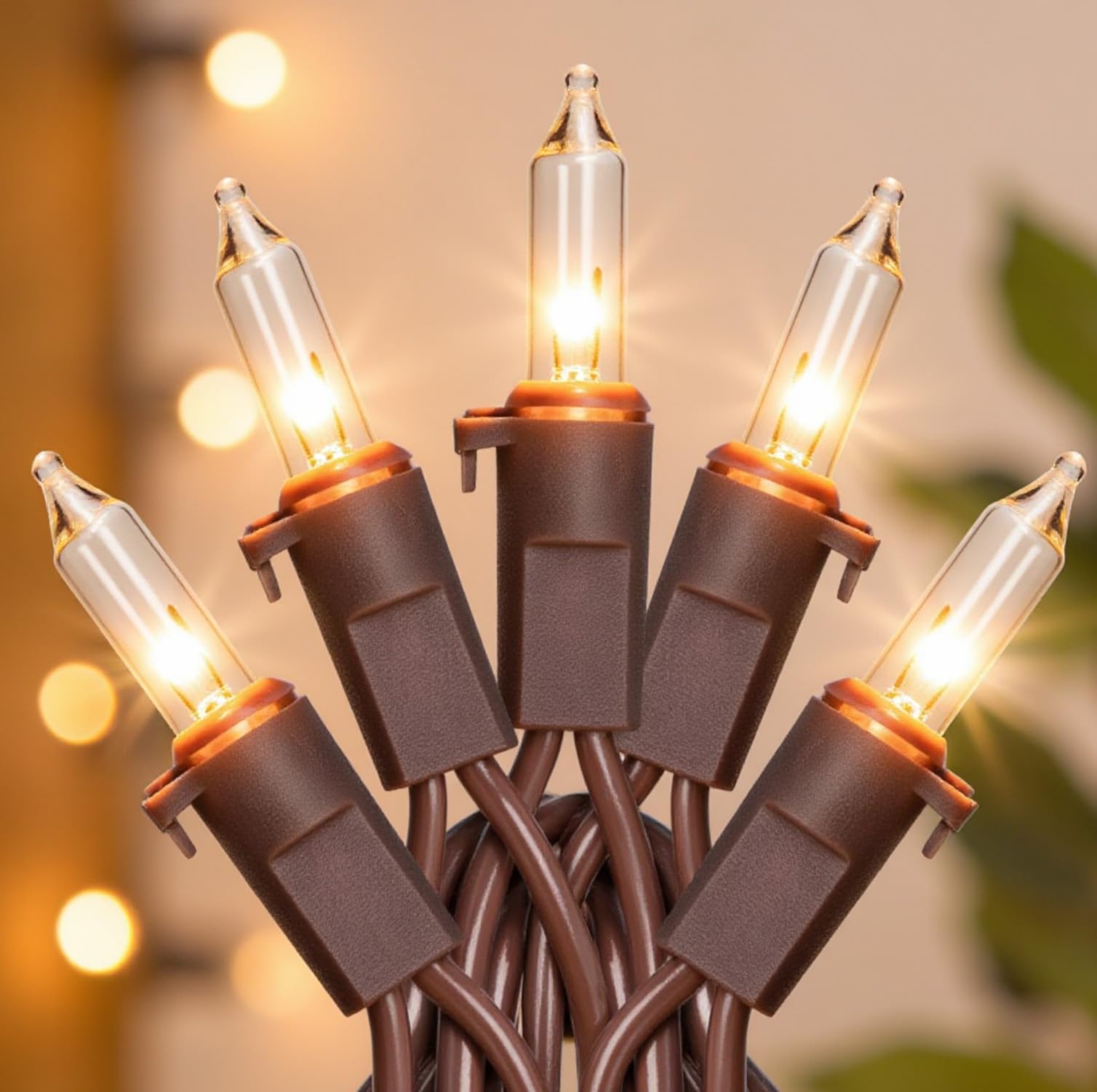 ooLALoo 13FT 50-Count Clear Christmas String Lights Brown Wire, UL Certified Incandescent Bulb Mini Lights Plug in for Tree, Hom