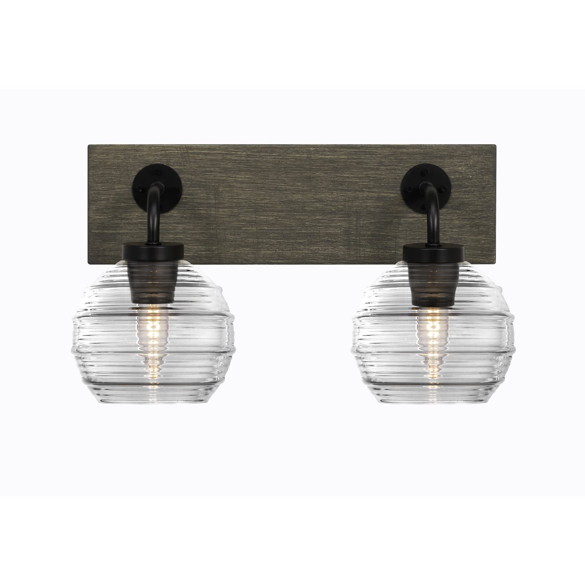 Oxbridge 2 Light Bath Bar In Matte Black & Painted Distressed Wood-Look Metal Finish With 6" Clear Ribbed Glass
