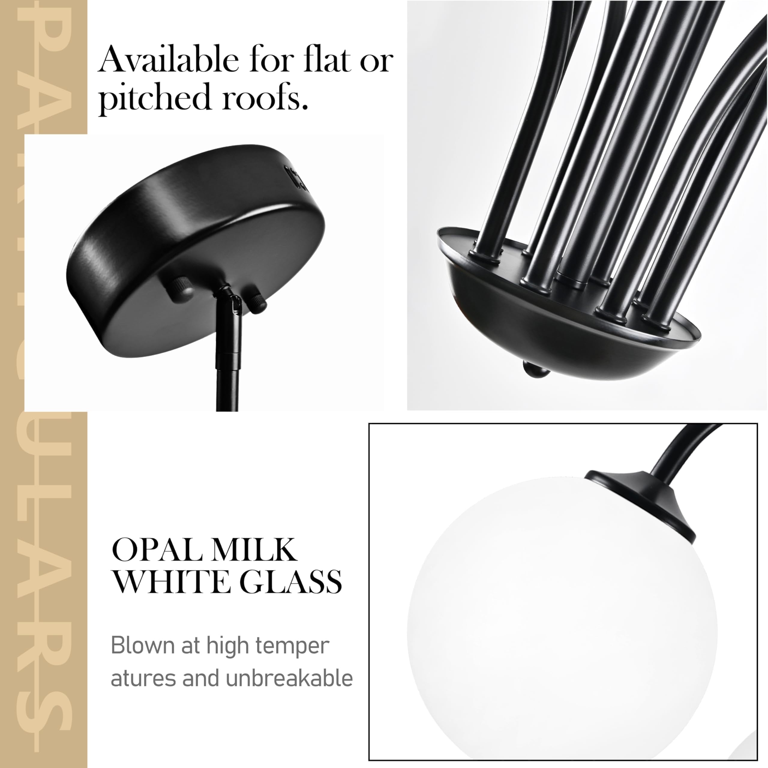 Bagood 8-Light Black Sputnik Chandelier, Mid Century Modern, 38.5” Globe, Opal Black, Metal, Model DGQ-U08-NH