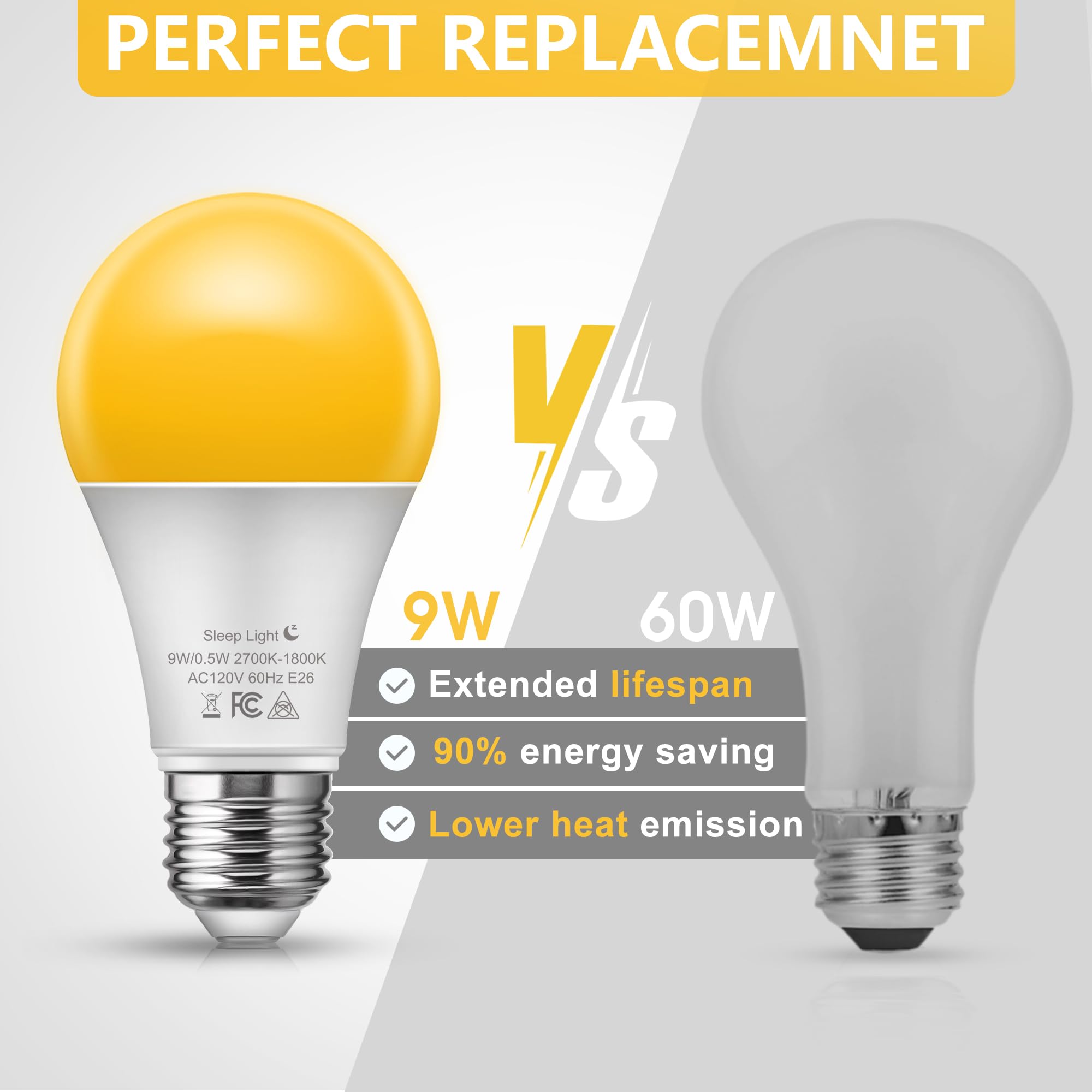 Briignite Amber Sleep Light Bulbs, A19 E26, Dimmable 2 Pack, 2700K-1800K, Blue Light Blocking, 2CCT, Soft Warm