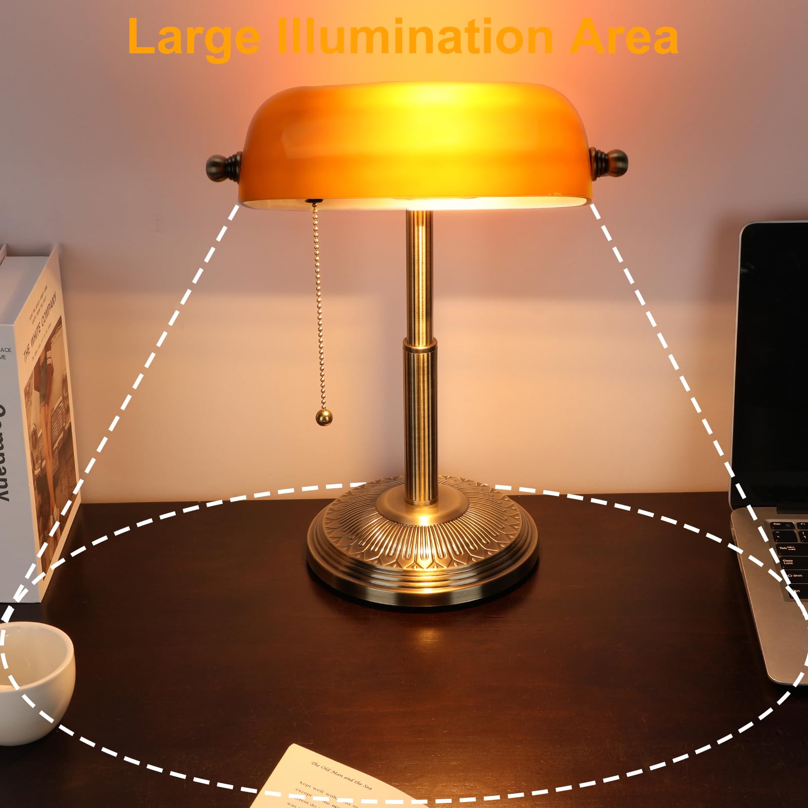 LINNMON Amber Retro Bankers Desk Lamp, Vintage Iron Lamp with Pull Chain Switch, Model LT248800, Brass+Amber Color