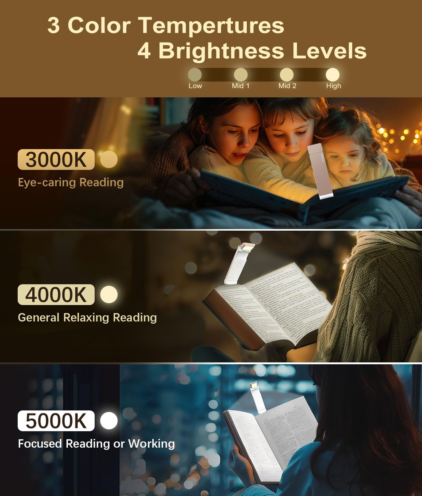 VTIGER USB Rechargeable Book Light, Foldable Clip-on LED, 3 Amber Colors, 4 Brightness Levels, Champagne Gold, Model B1